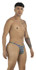Purple and green geometric-patterned CandyMan 99924 thong with a snug form-fitting design shown from the front