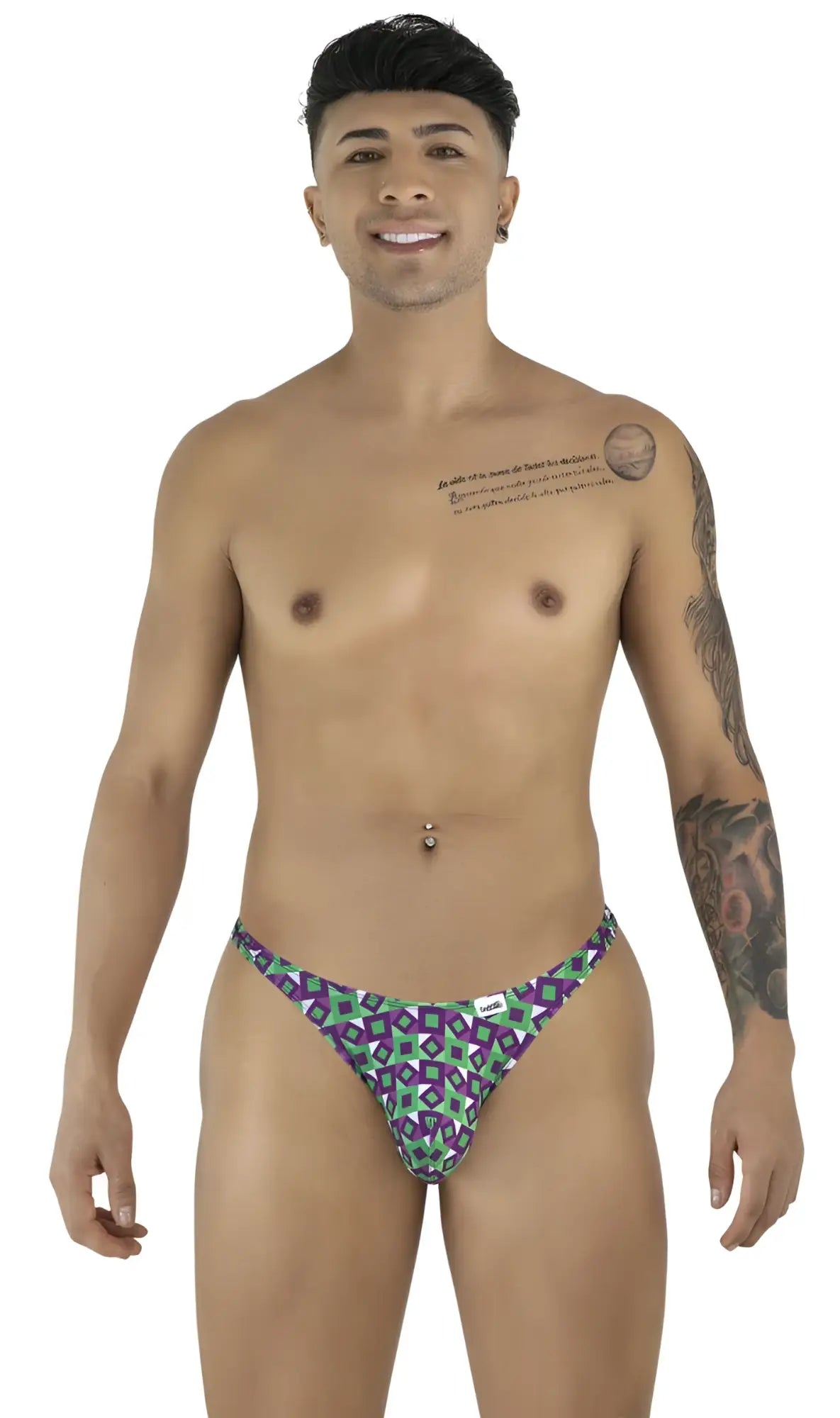 Purple and teal geometric patterned men’s briefs candyMan 99924 thongs color printed purple front view