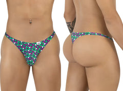CandyMan 99924 thong with vibrant green and purple geometric print and white brand tag