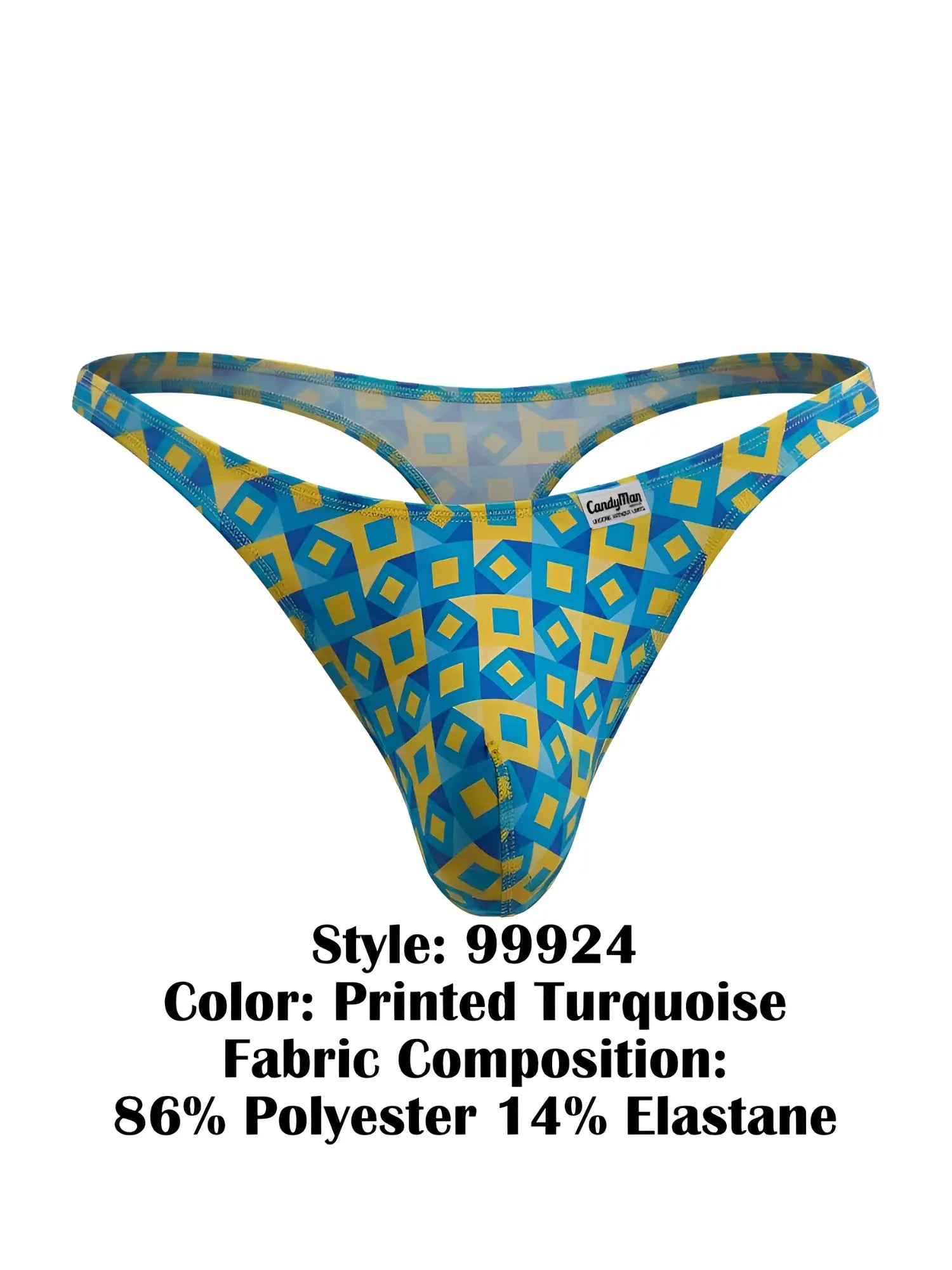 Candyman 99924 men’s thong in blue and yellow geometric print with turquoise color printed fabric front view