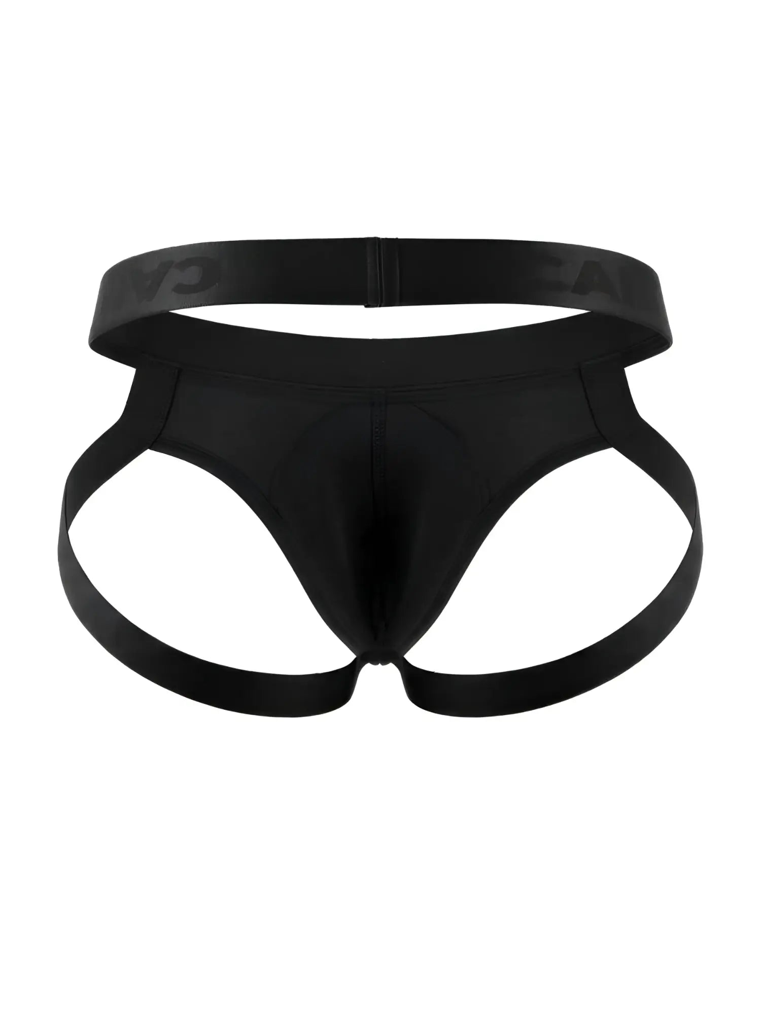 Black satin candyMan 99925 jockstrap briefs with wide elastic waistband and supportive side straps