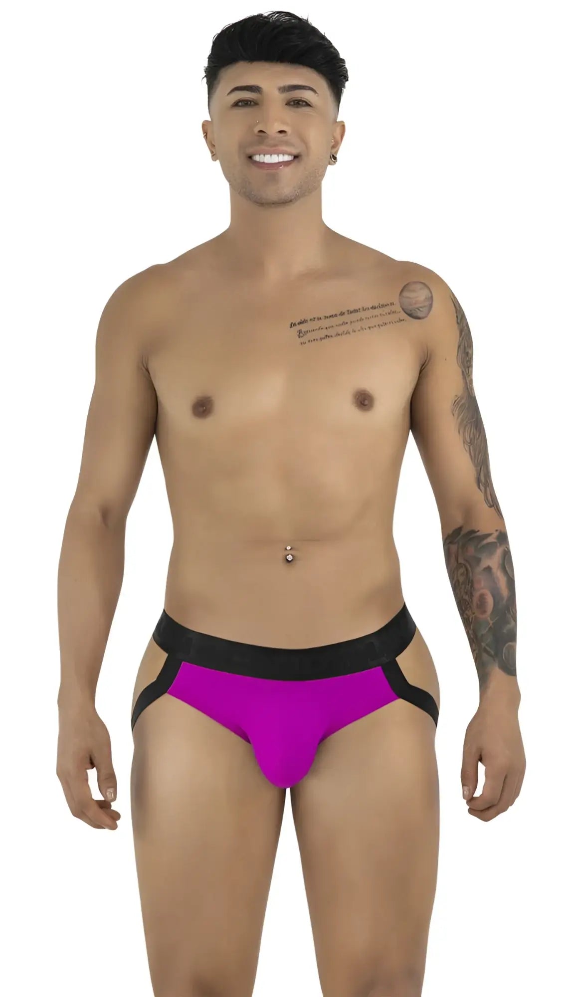 CandyMan 99925 jockstrap in magenta with vibrant briefs and bold black waistband and side straps
