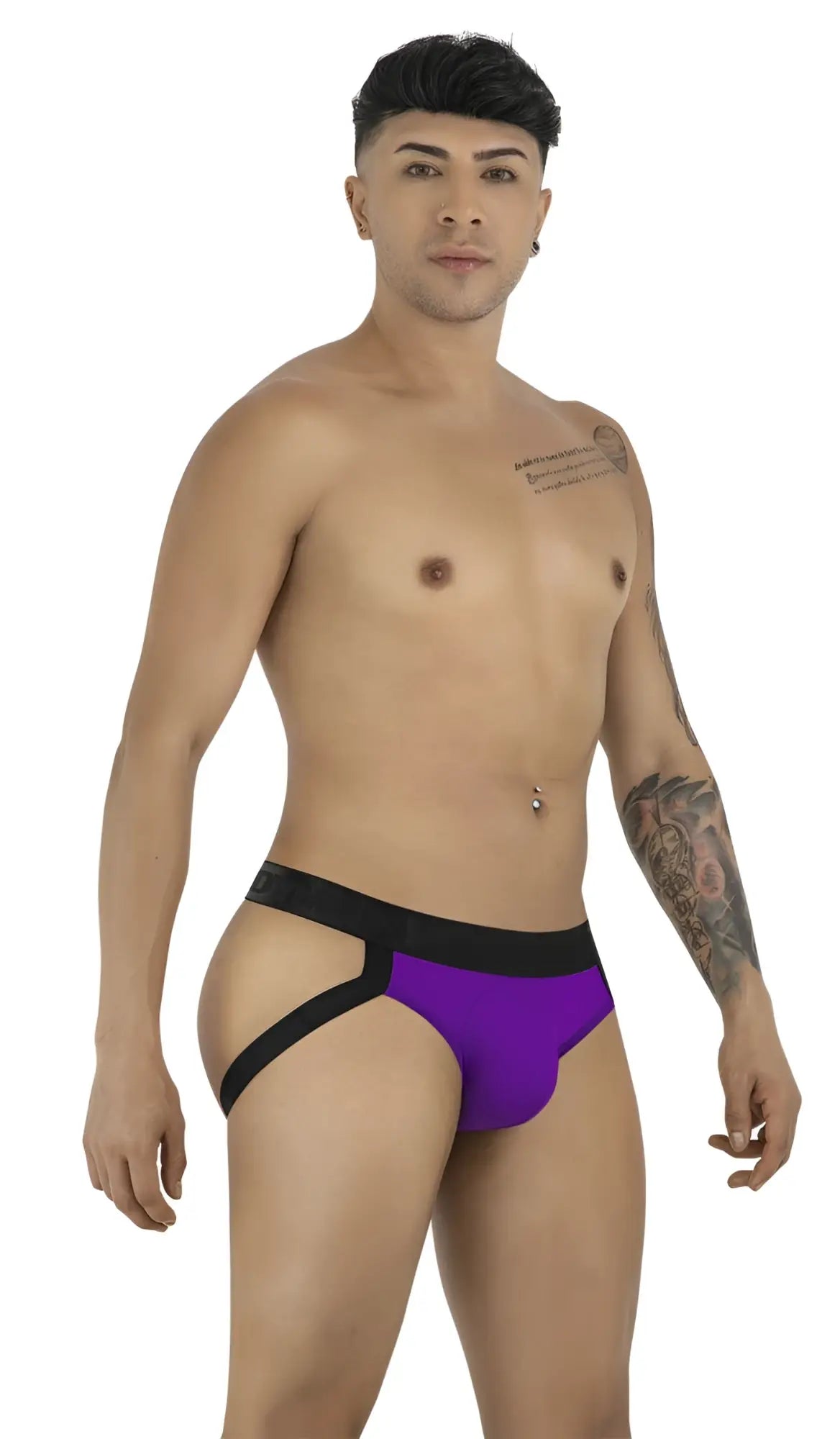 Candyman 99925 jockstrap in orchid color featuring purple and black briefs with a bold modern design