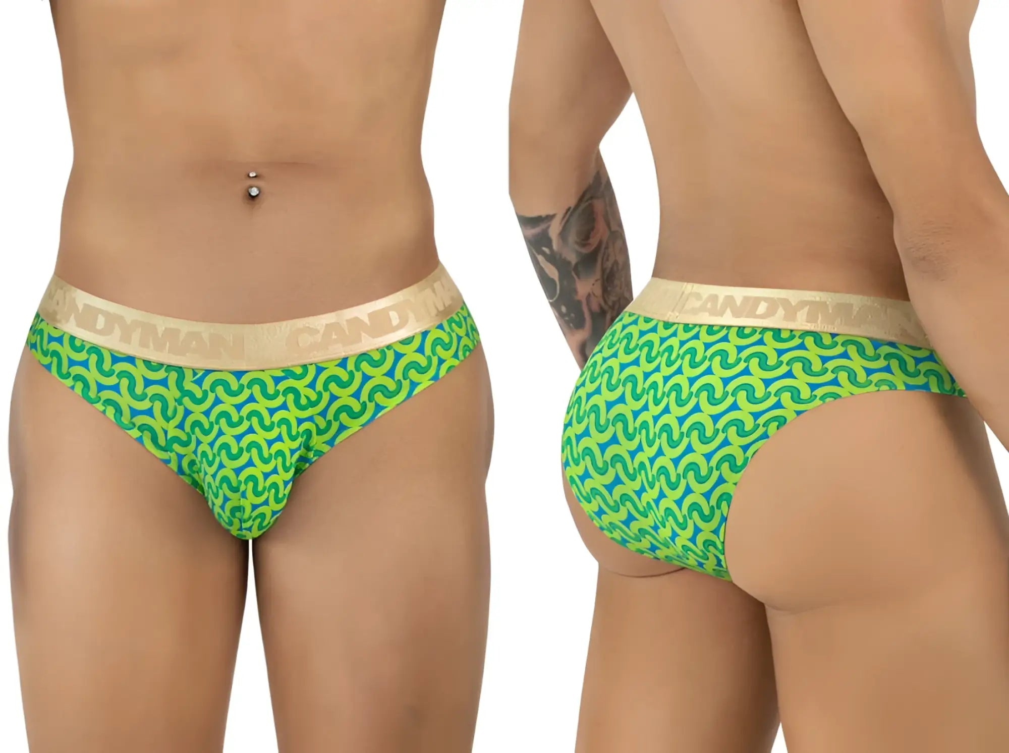 Candyman 99926 briefs in bright green and blue pattern with a gold-colored waistband for stylish comfort