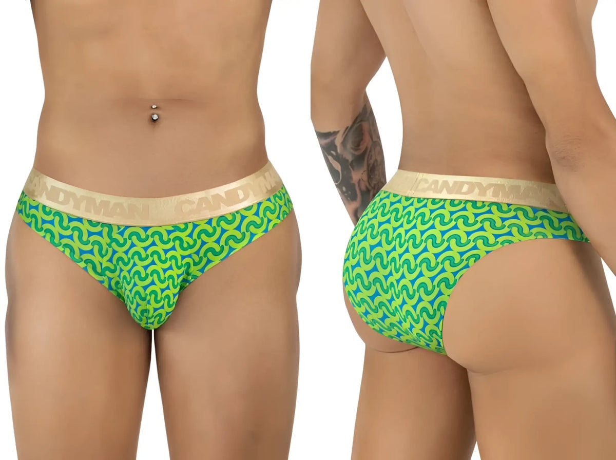 Candyman 99926 briefs in bright green and blue pattern with a gold-colored waistband for stylish comfort