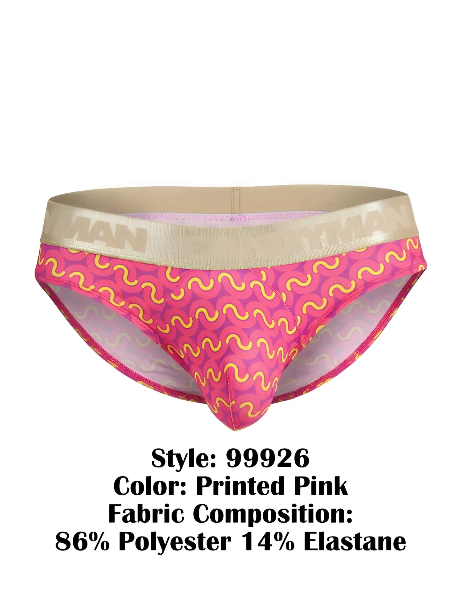 CandyMan 99926 printed pink briefs with vibrant wavy yellow pattern and beige elastic waistband for comfortable wear