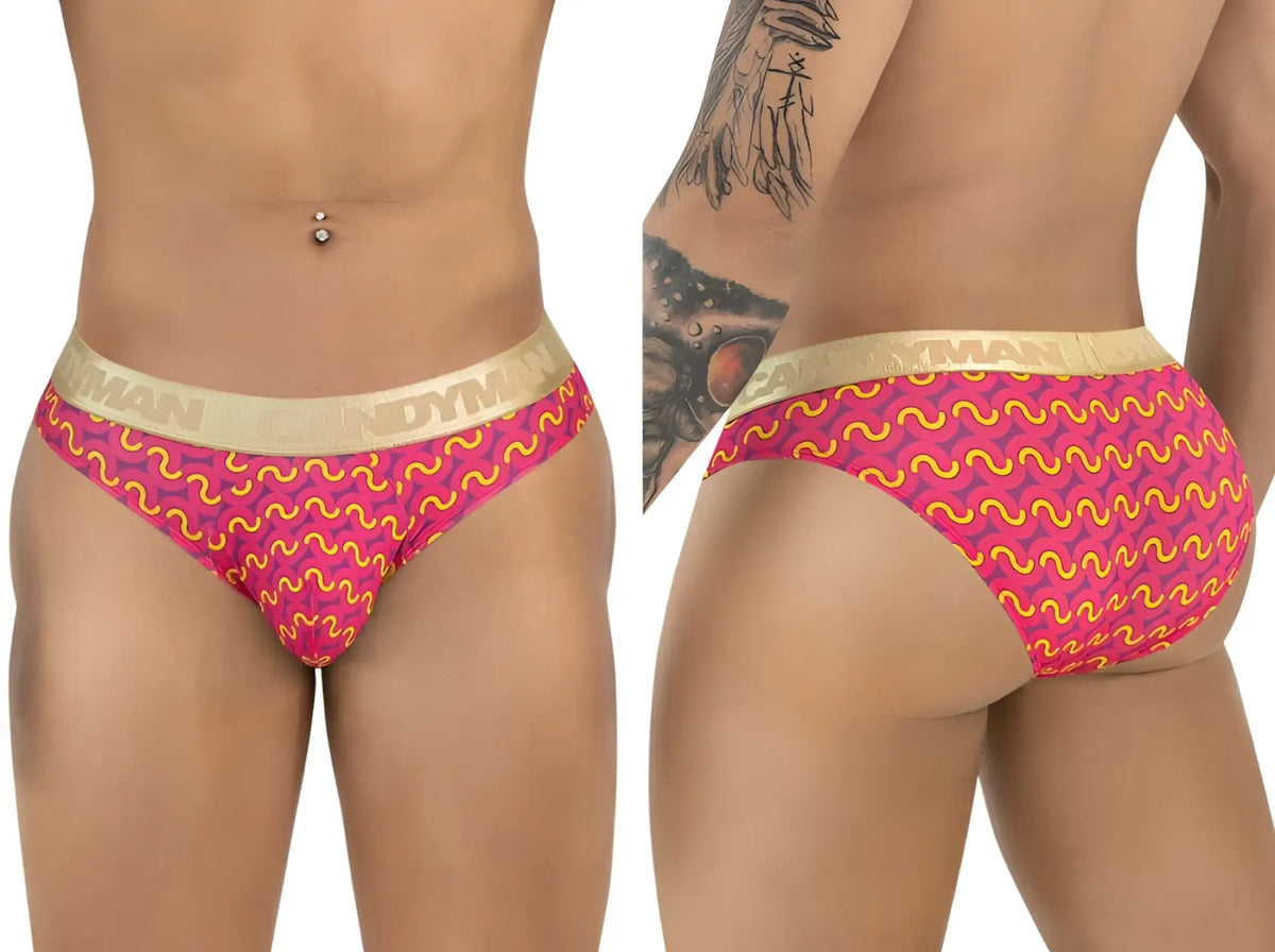 Vibrant pink and yellow wavy patterned candyman 99926 men’s briefs with gold bandyman elastic waistband