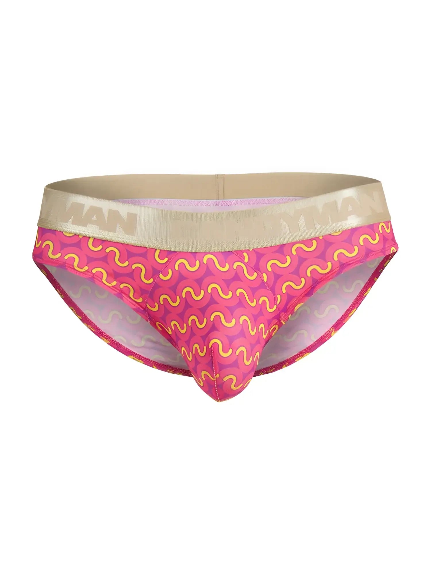 CandyMan 99926 briefs in pink with yellow wavy print and beige elastic waistband featuring man logo in gold