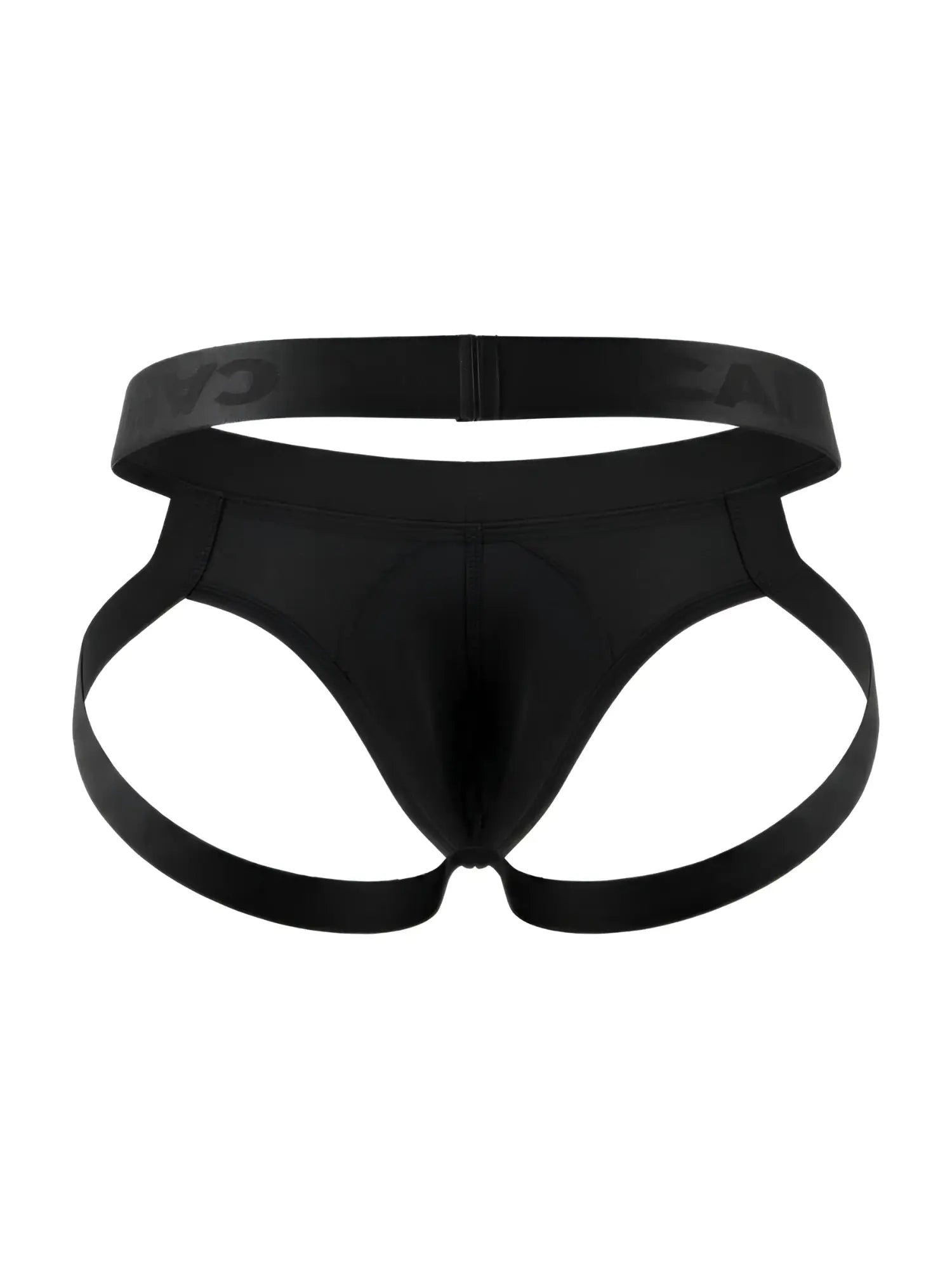 CandyMan 99929 black men’s briefs with sleek form-fitting design and adjustable side straps shown from the back side