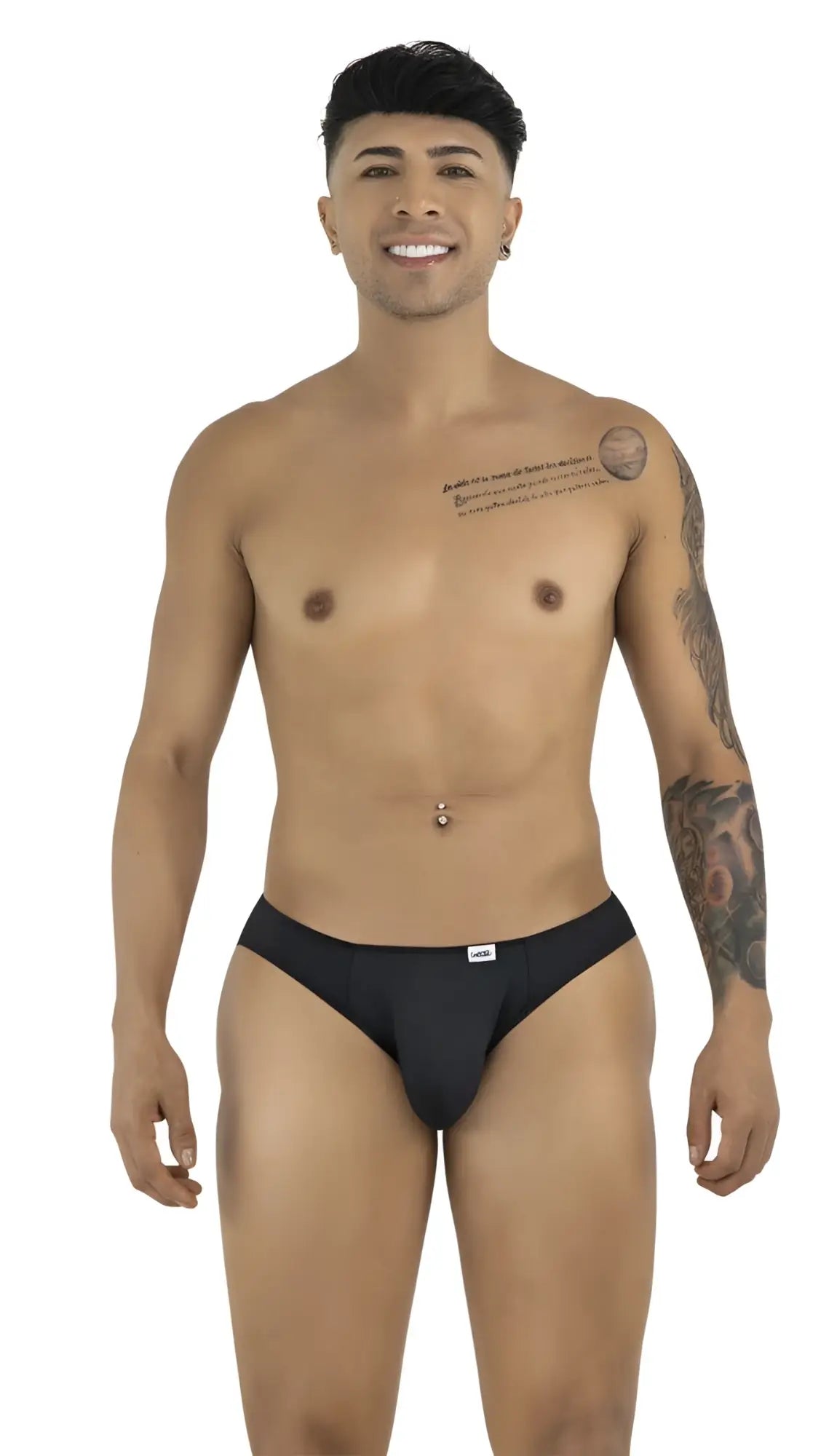 Black CandyMan 99929 jockstrap briefs with small white logo on waistband designed for support and comfort