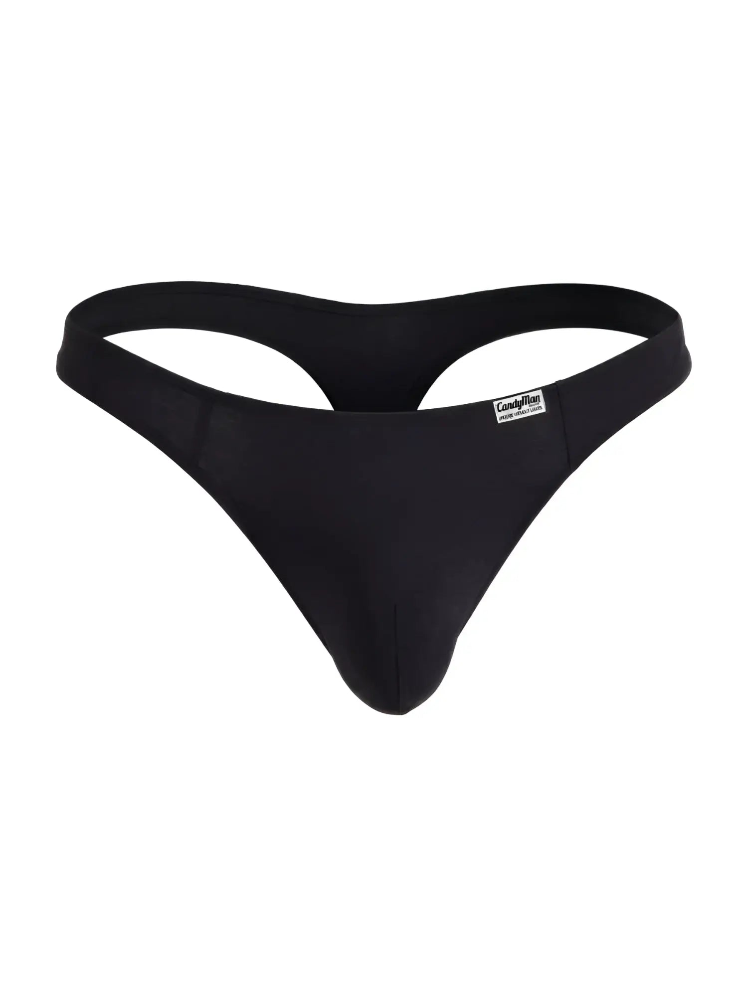 Black seamless thong from CandyMan 99930 with minimalist design and small brand tag on the waistband