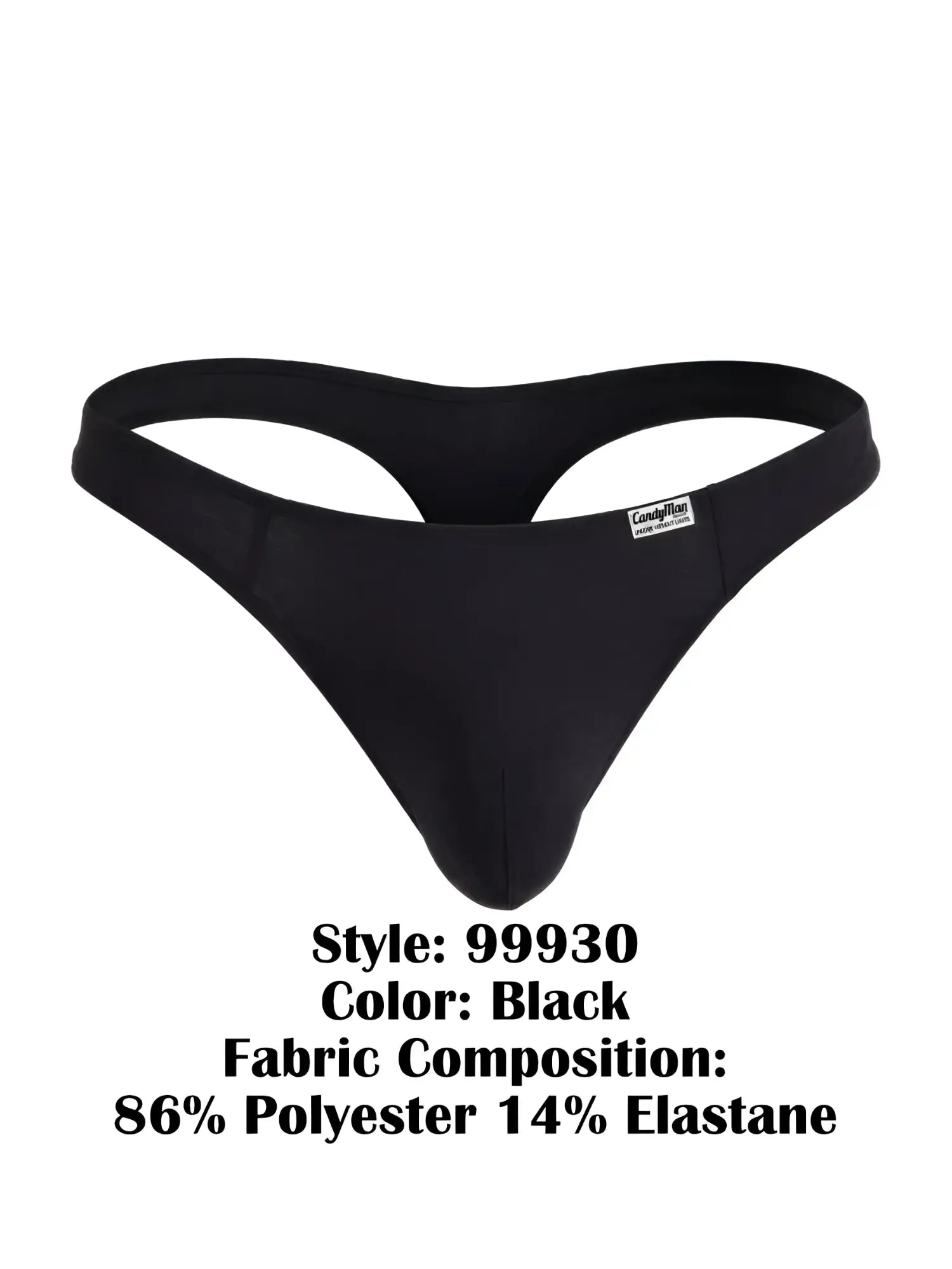 Black CandyMan 99930 thong made of 86% polyester and 14% elastane with sleek form fitting design and brand tag