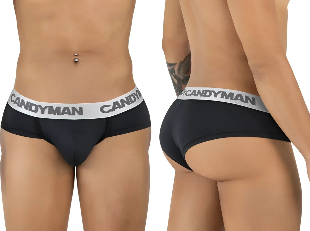 Black candyman 99932 briefs feature a white elastic waistband with bold black candyman logo for comfortable wear