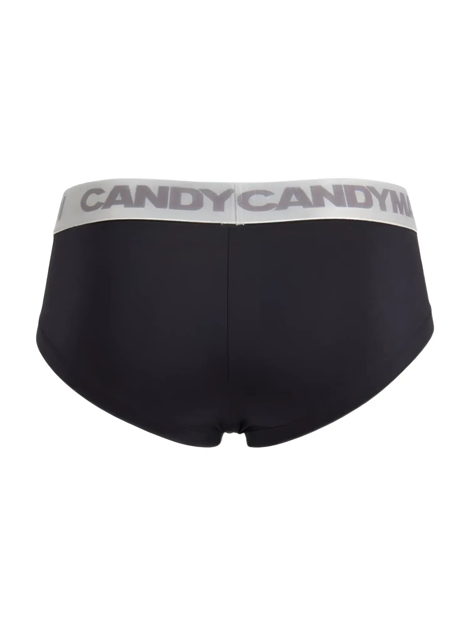 Black briefs with a gray waistband featuring the candy man logo in bold repeating letters in black and silver