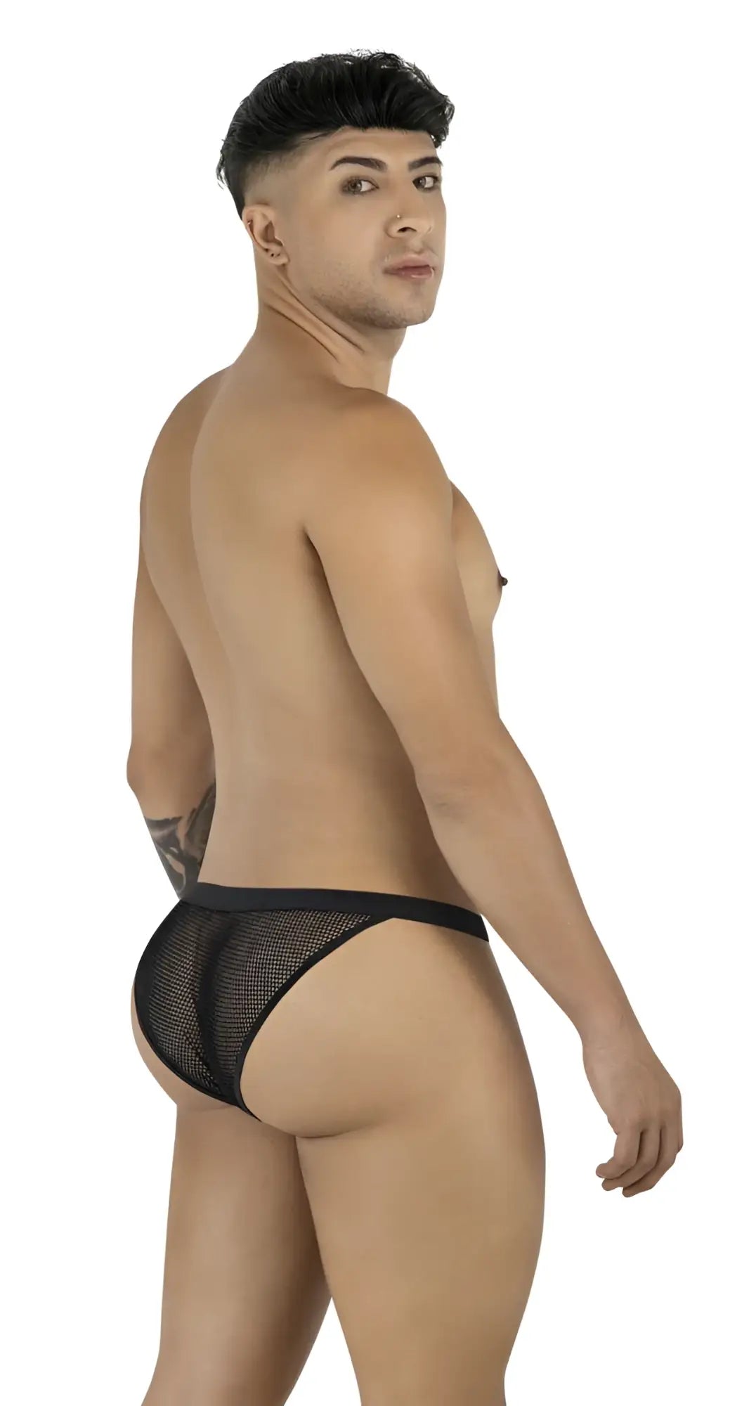 Candidman 99933 bikini black mesh briefs with a sleek form-fitting design showing the front side