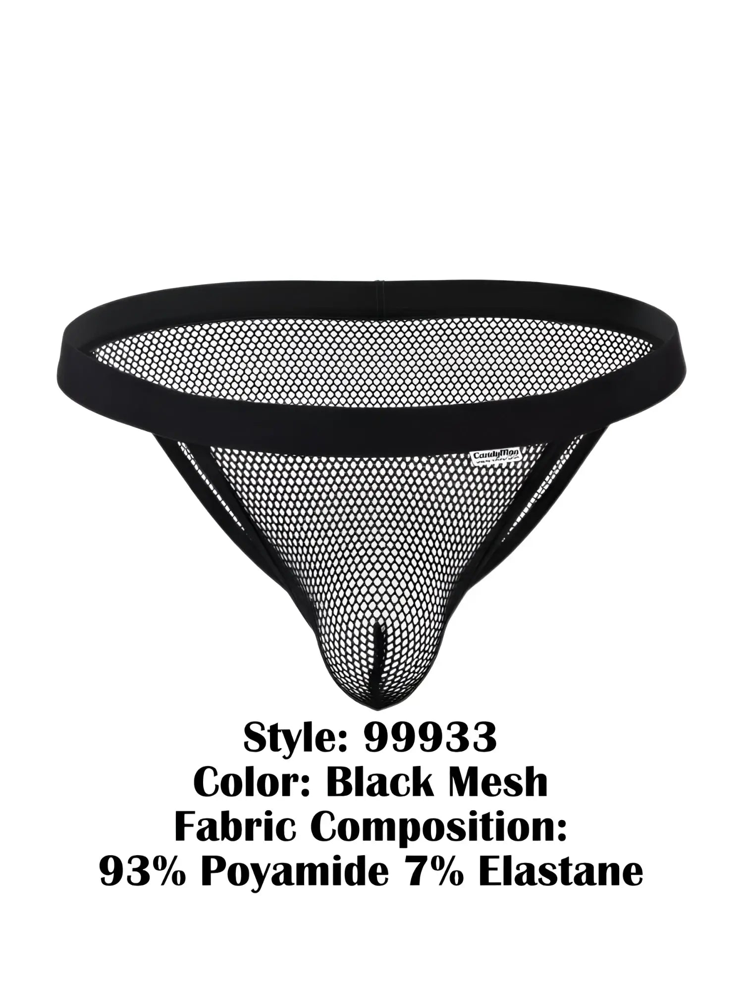 Black mesh thong bikini with solid black elastic waistband and fine hexagonal weave from candyman 99933 collection