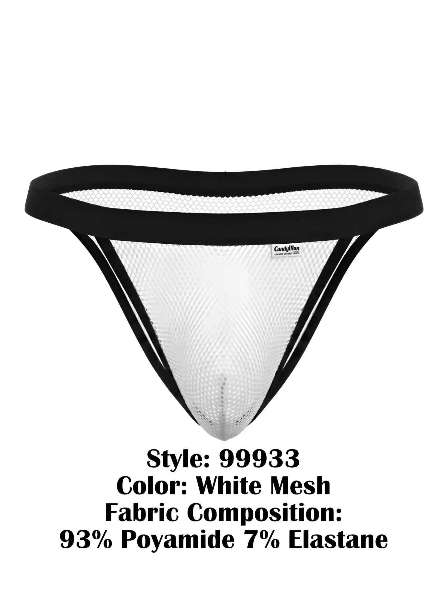 White mesh thong bikini with black elastic trim and small brand tag candyMan 99933 color white mesh