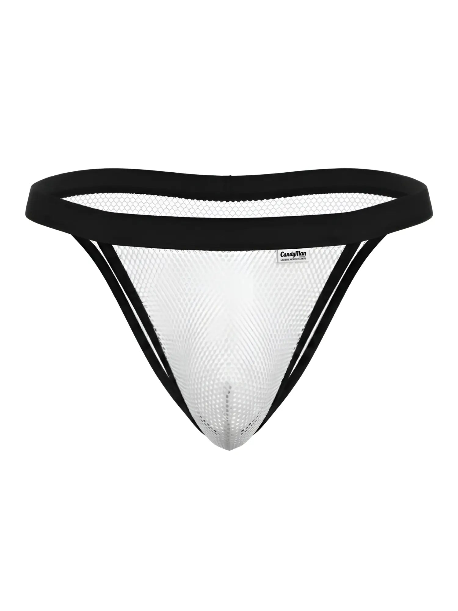 White mesh thong bikini with black elastic trim and small candyman brand label in candyMan 99933 style