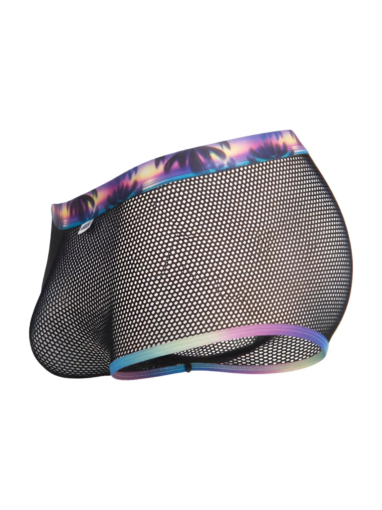 Black mesh CandyMan 99934 swim trunks with vibrant tropical purple blue and pink palm tree trim on waistband and legs