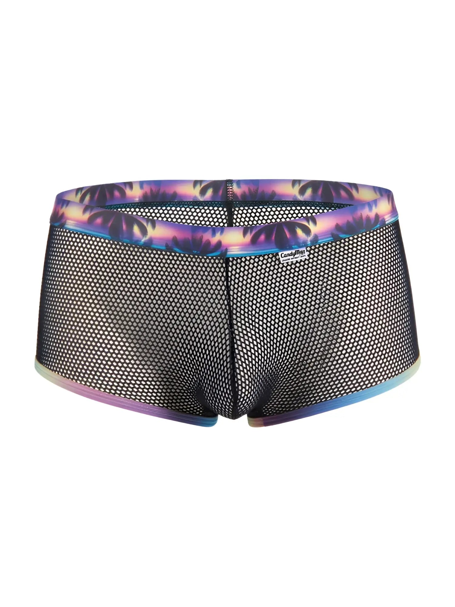 Black mesh CandyMan 99934 swim trunks with vibrant purple and blue palm tree pattern on the waistband