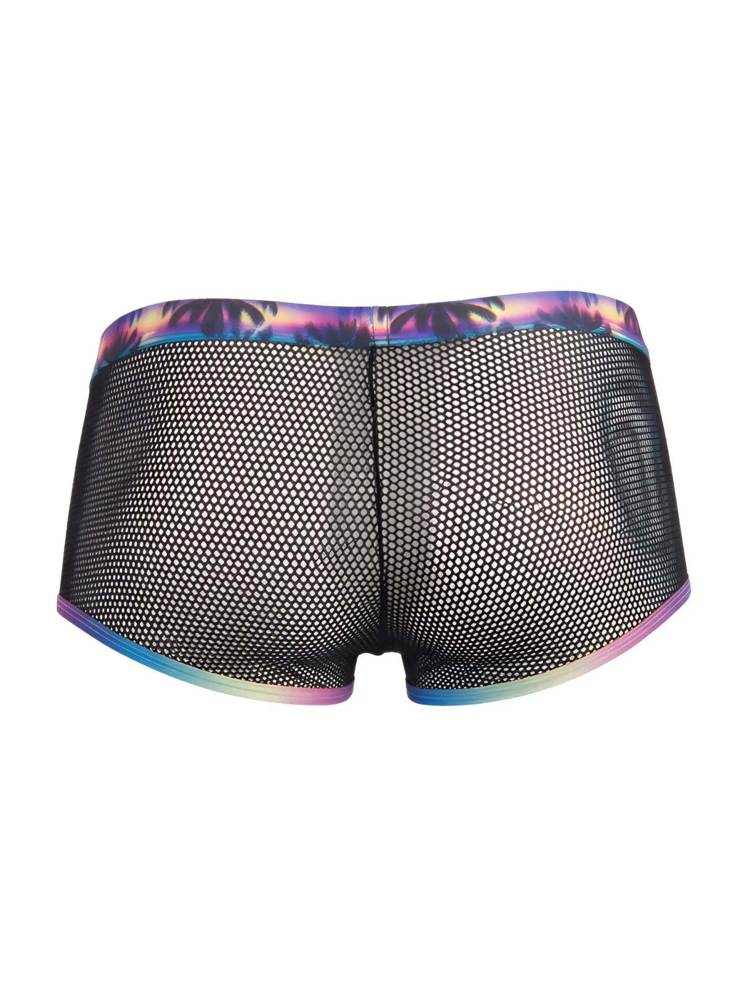 CandyMan 99934 black mesh briefs with vibrant iridescent rainbow trim on waistband and leg openings front view