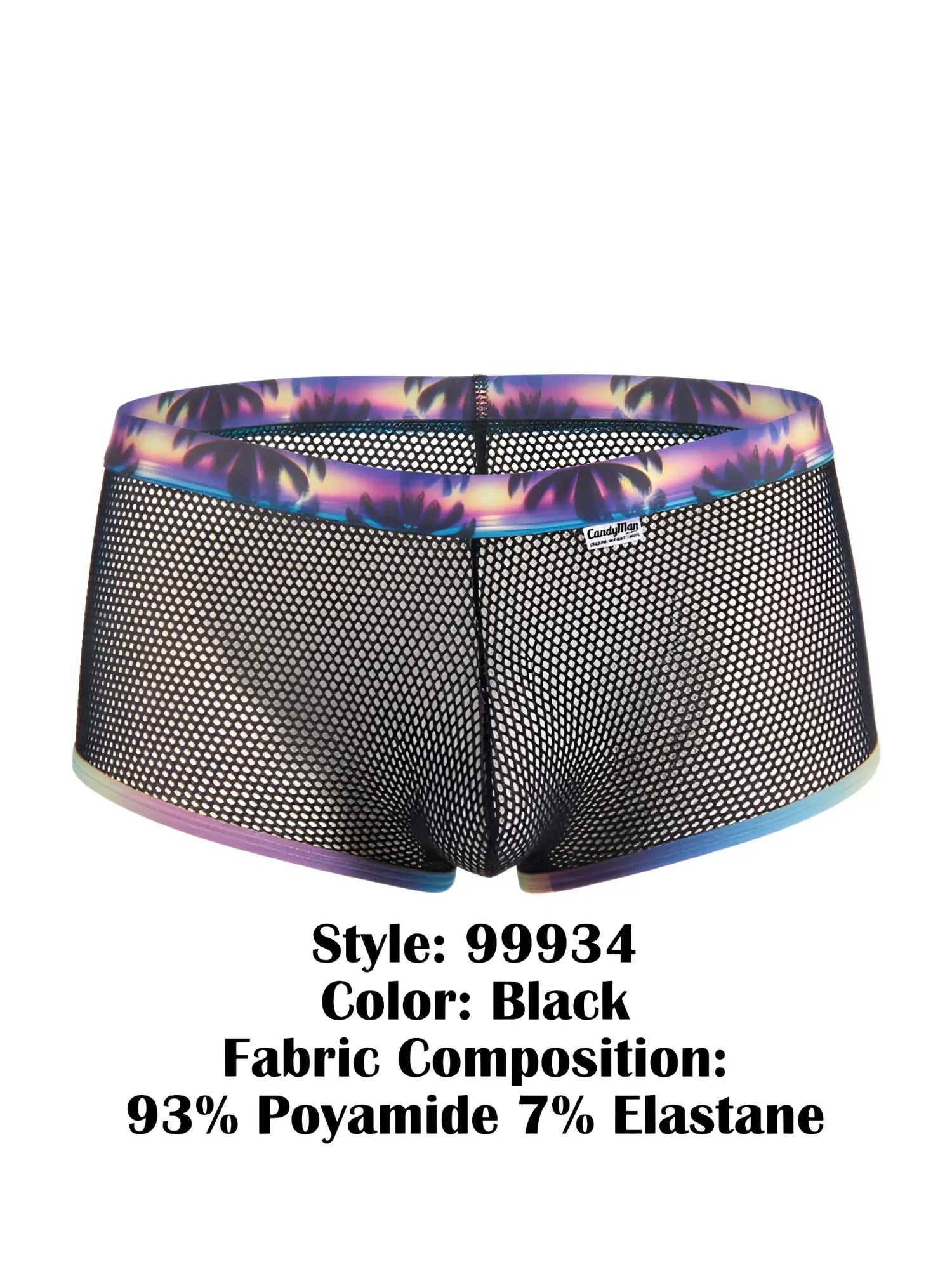 Black mesh CandyMan 99934 trunks with vibrant purple blue and pink tropical palm tree pattern on waistband