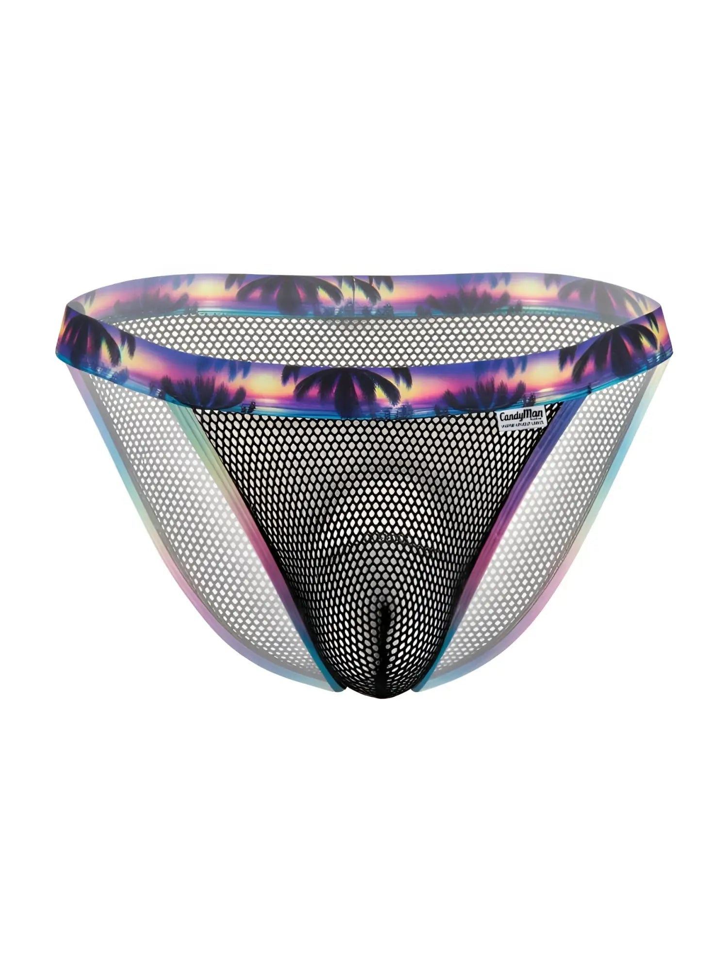 Black mesh CandyMan 99935 briefs with vibrant tropical sunset pattern on the waistband for swimwear use