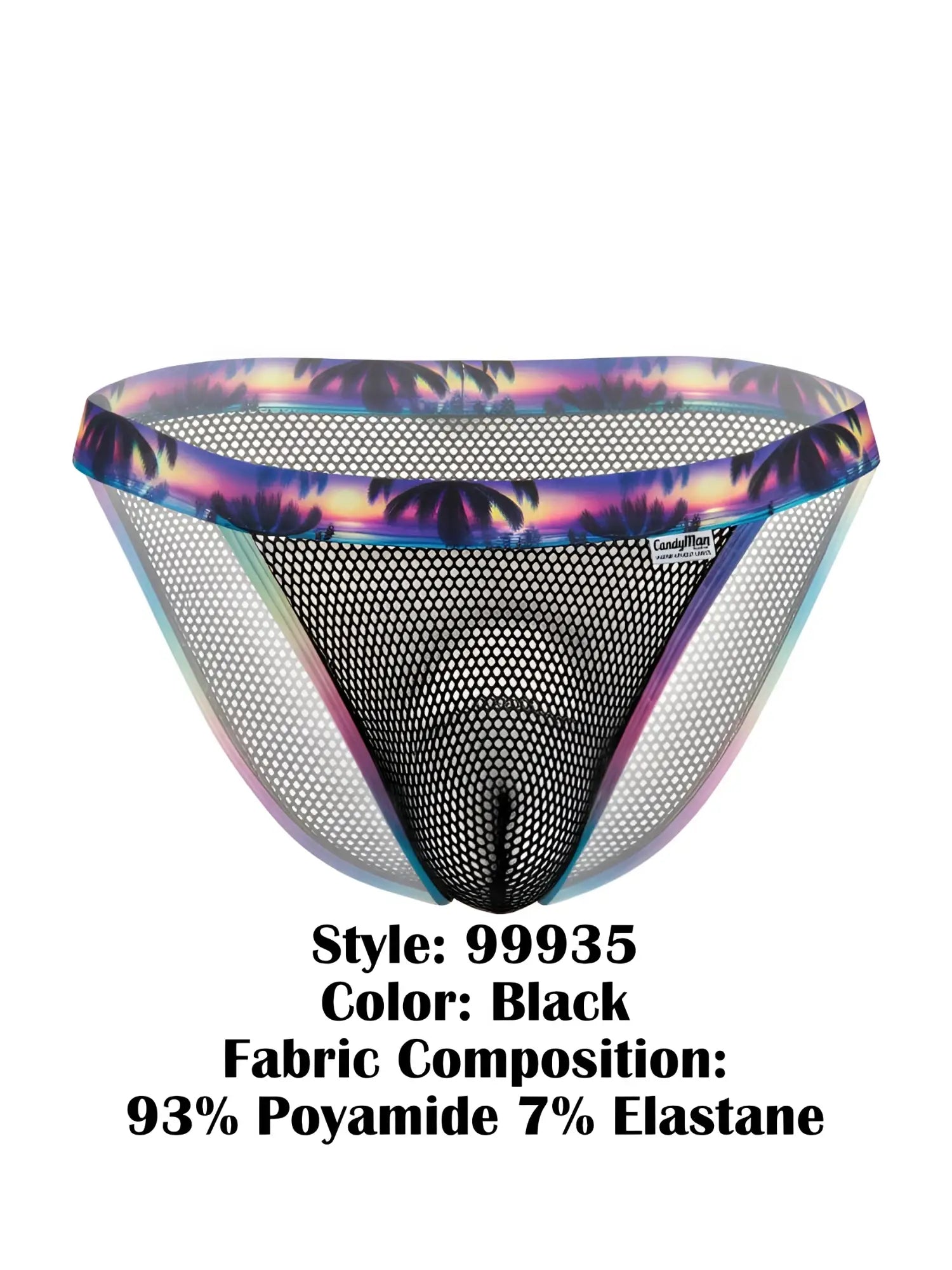 CandyMan 99935 black mesh briefs with vibrant tropical sunset and palm tree pattern on waistband