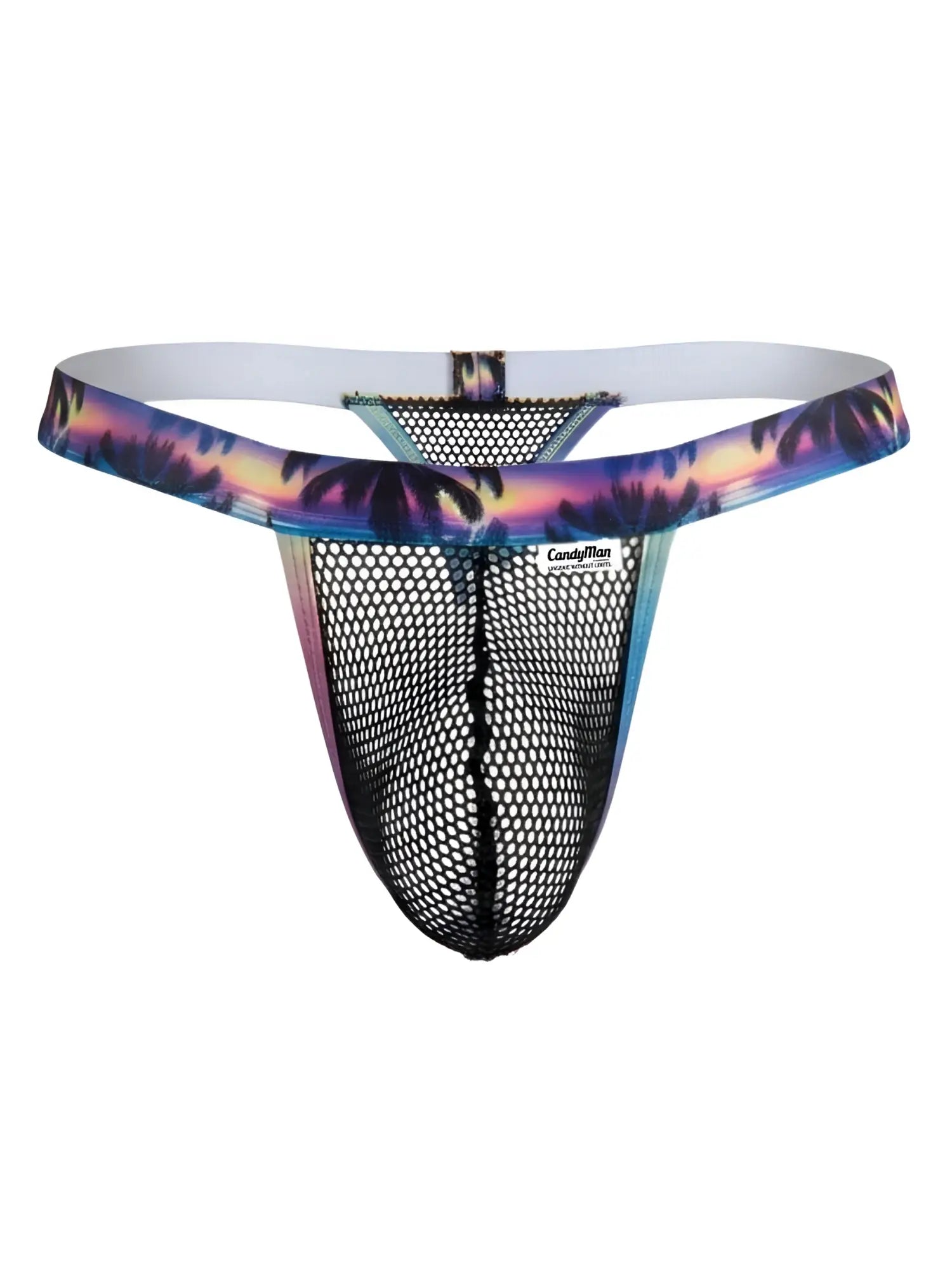 CandyMan 99936 black mesh thong with vibrant tropical sunset waistband featuring palm trees and gradient hues