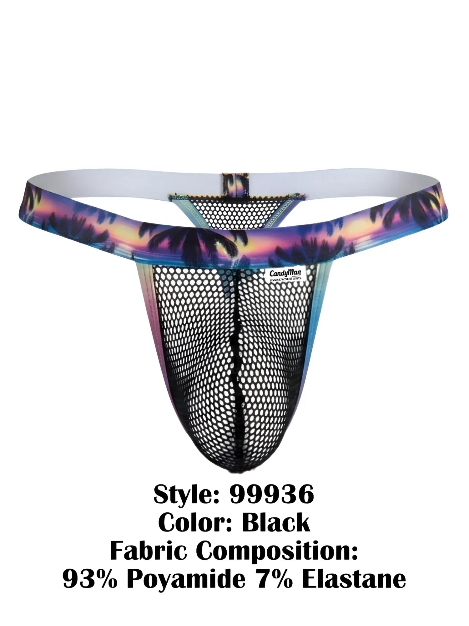 Black mesh thong by candyman with vibrant tropical palm tree waistband and white inner lining from candyMan 99936 collection