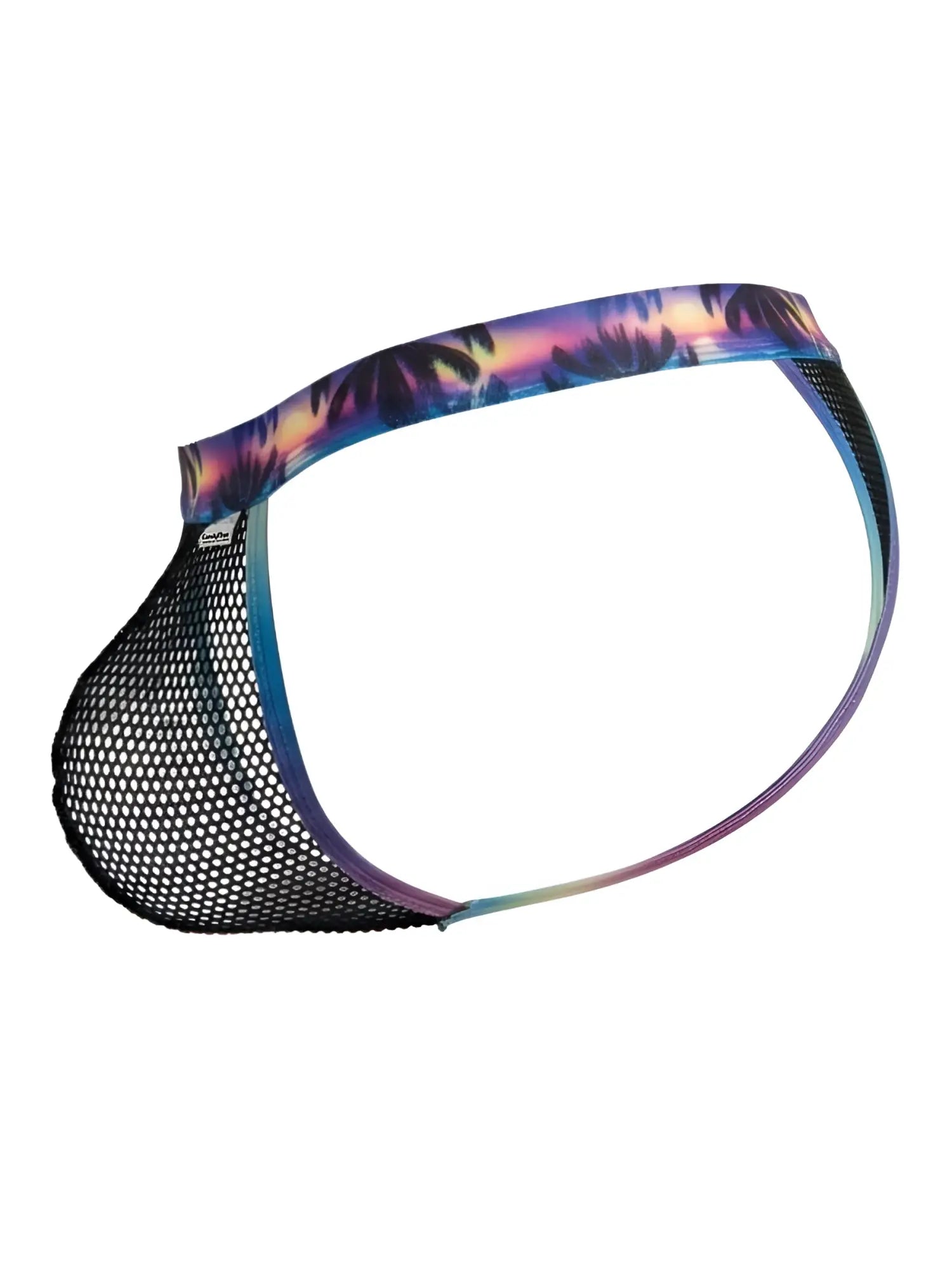 Black mesh CandyMan 99936 thongs with a vibrant tropical sunset pattern on the waistband front view
