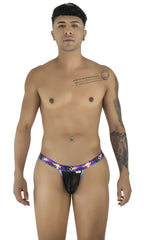 CandyMan 99936 thong with purple and blue tropical print and black mesh front panel in black color