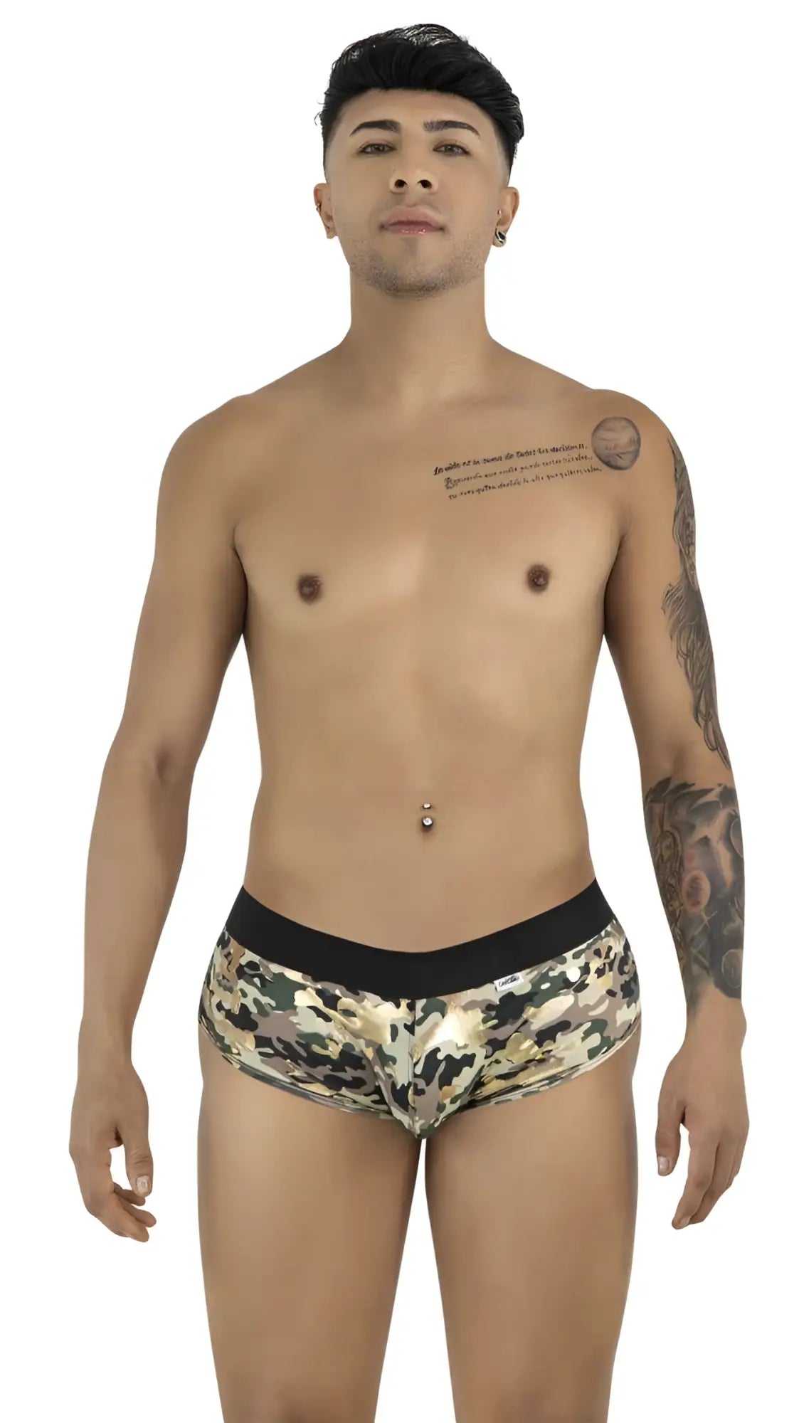 Camouflage patterned briefs with a solid black waistband candy man 99937 trunks color camo for everyday wear