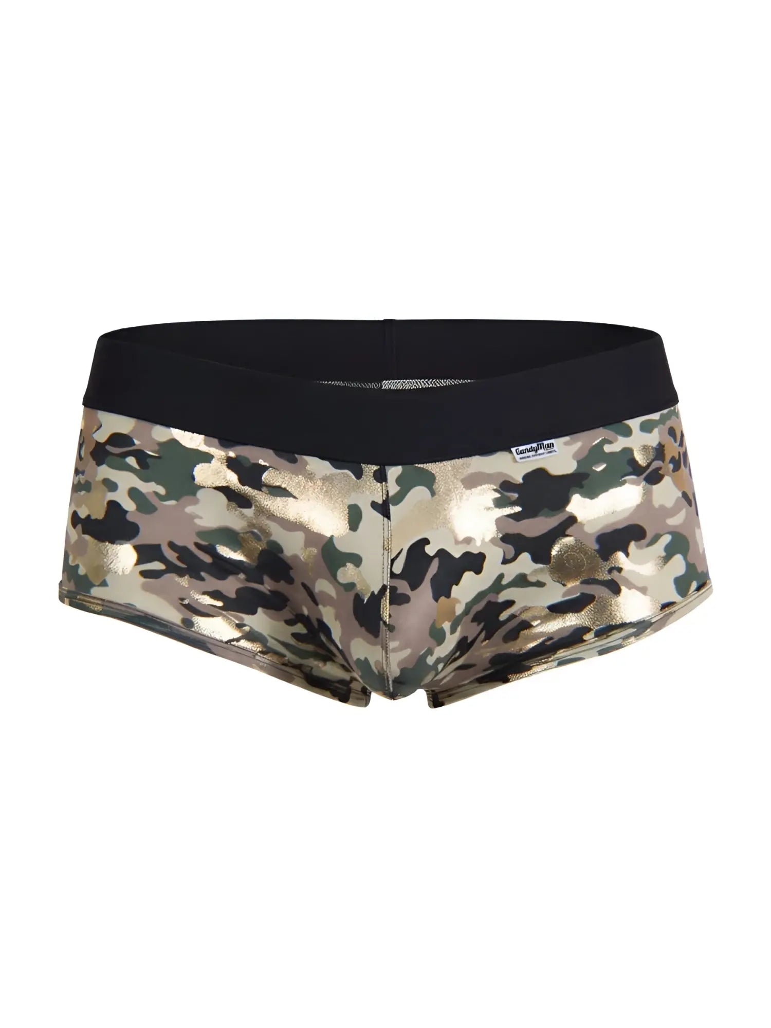 Metallic camouflage-patterned briefs with black elastic waistband candyMan 99937 trunks color camo front view