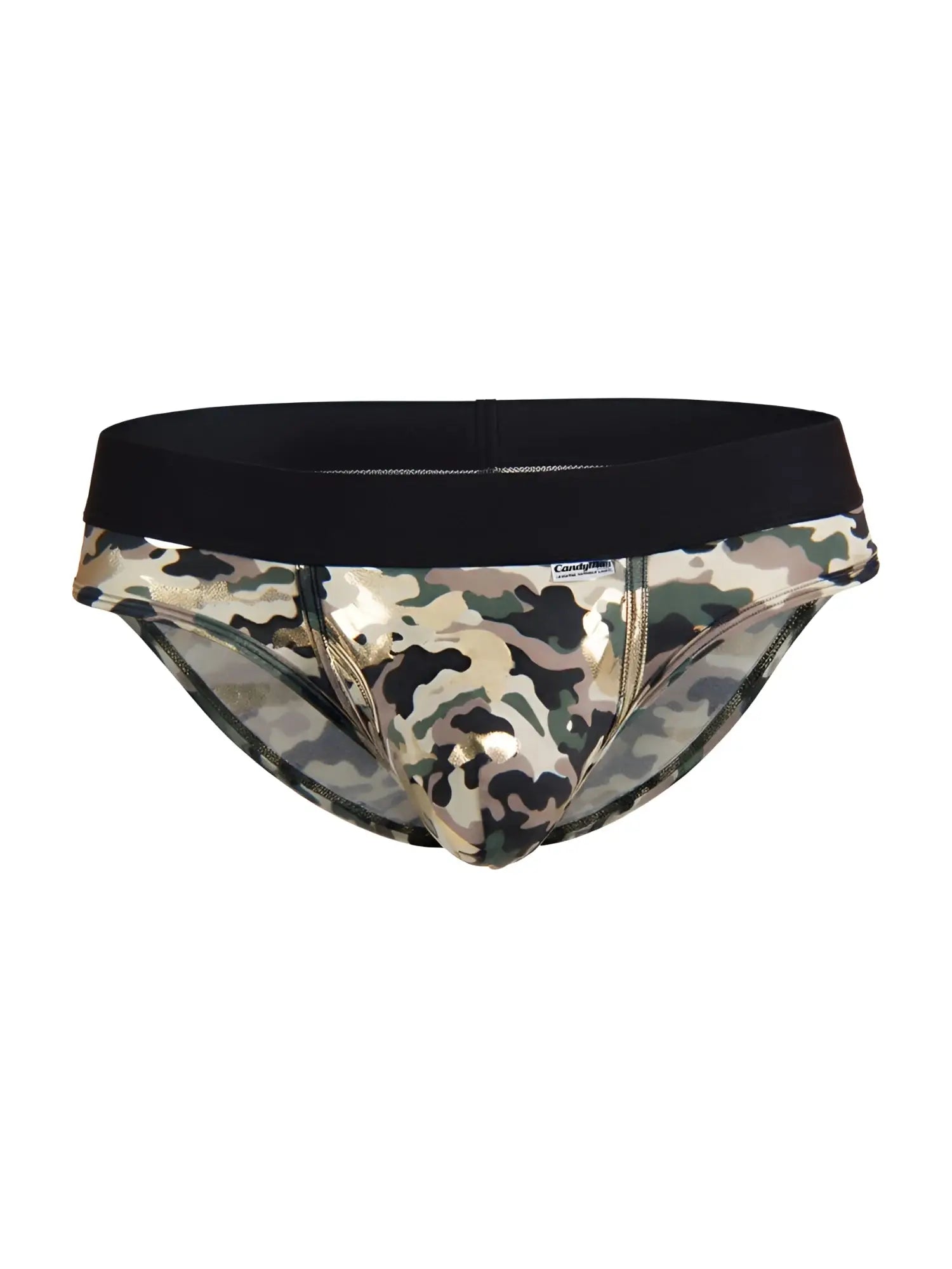 Camouflage patterned candyman 99938 men’s briefs with black elastic waistband and metallic gold accents