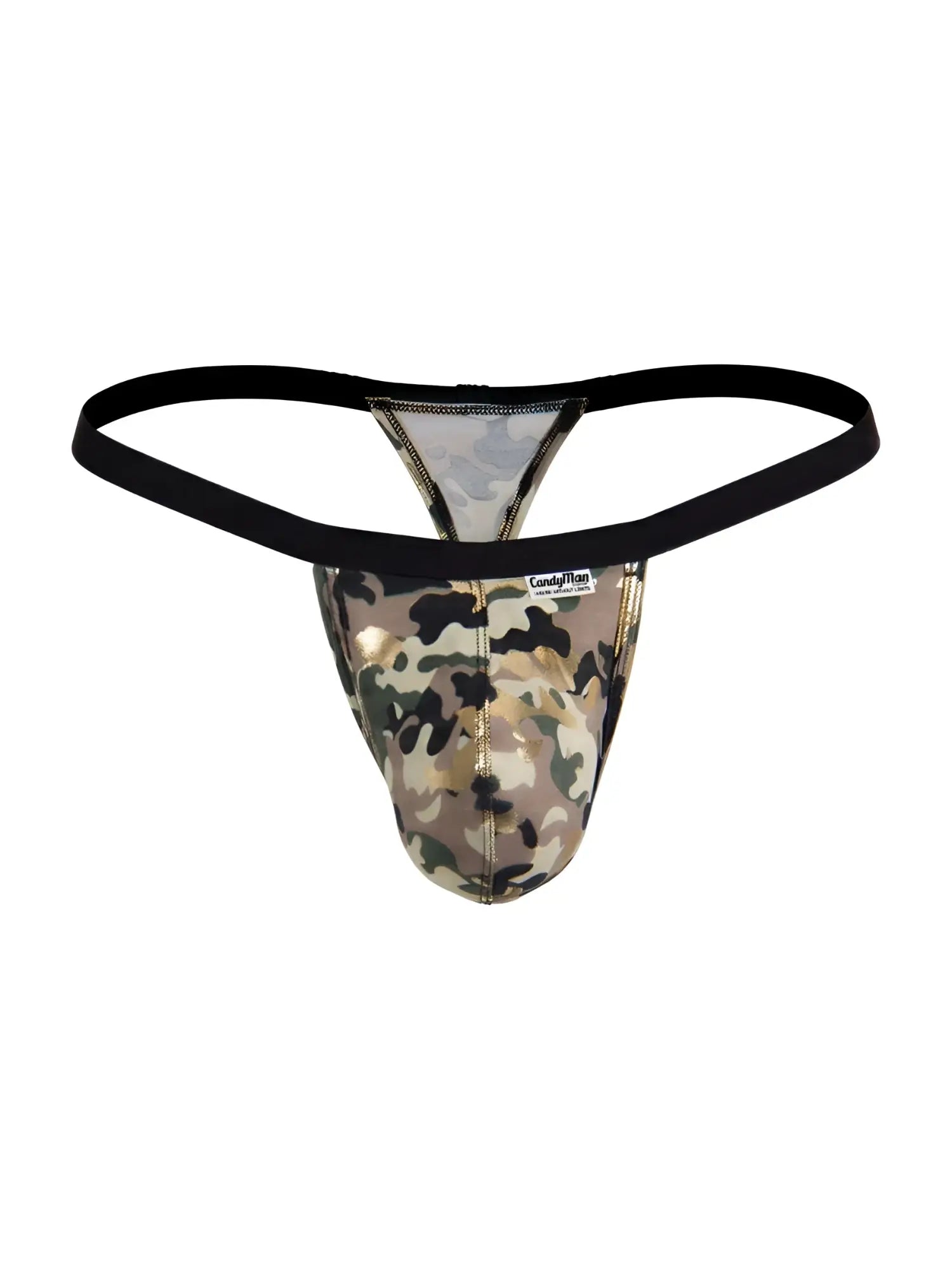 Candyman 99939 men’s camouflage thong with black elastic waistband and metallic gold trim front side view