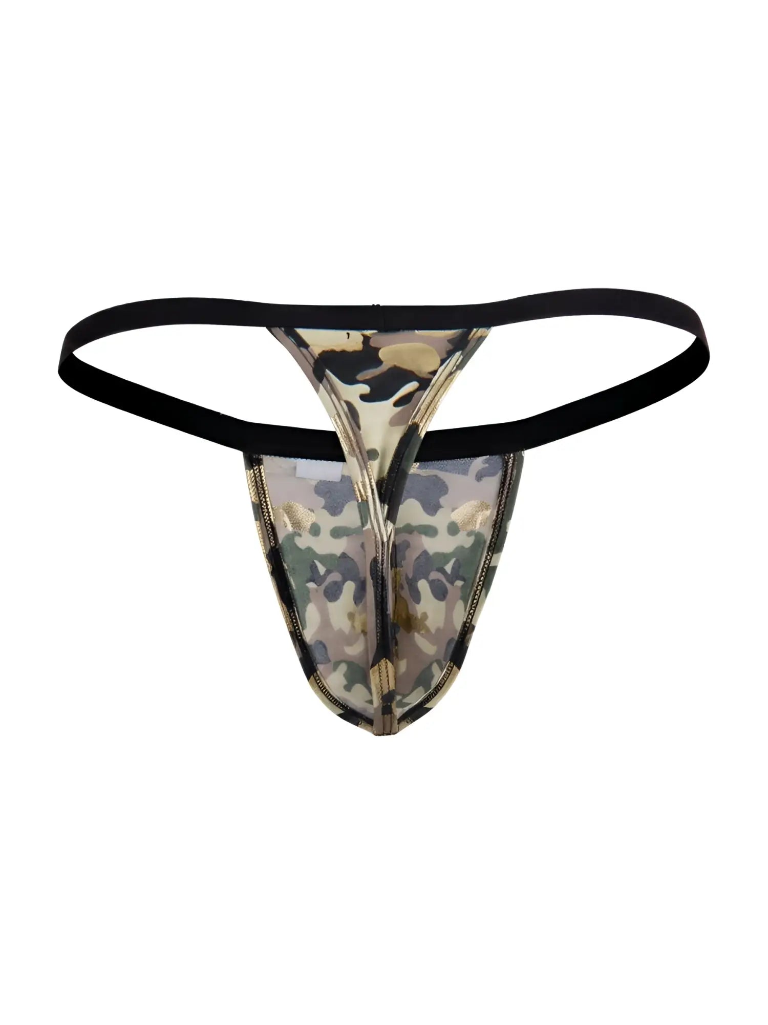 CandyMan 99939 thong in camouflage with black elastic waistband and metallic zipper detail viewed from back side