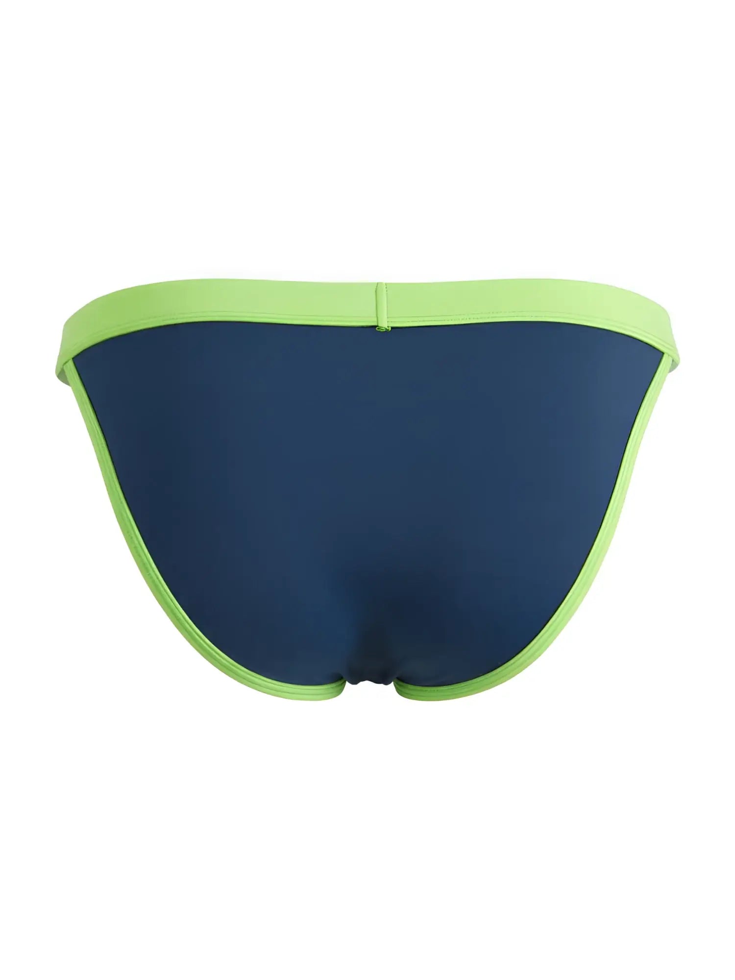 CandyMan navy bikini with neon green trim, viewed from the back, showcasing a form-fitting, minimalist design.