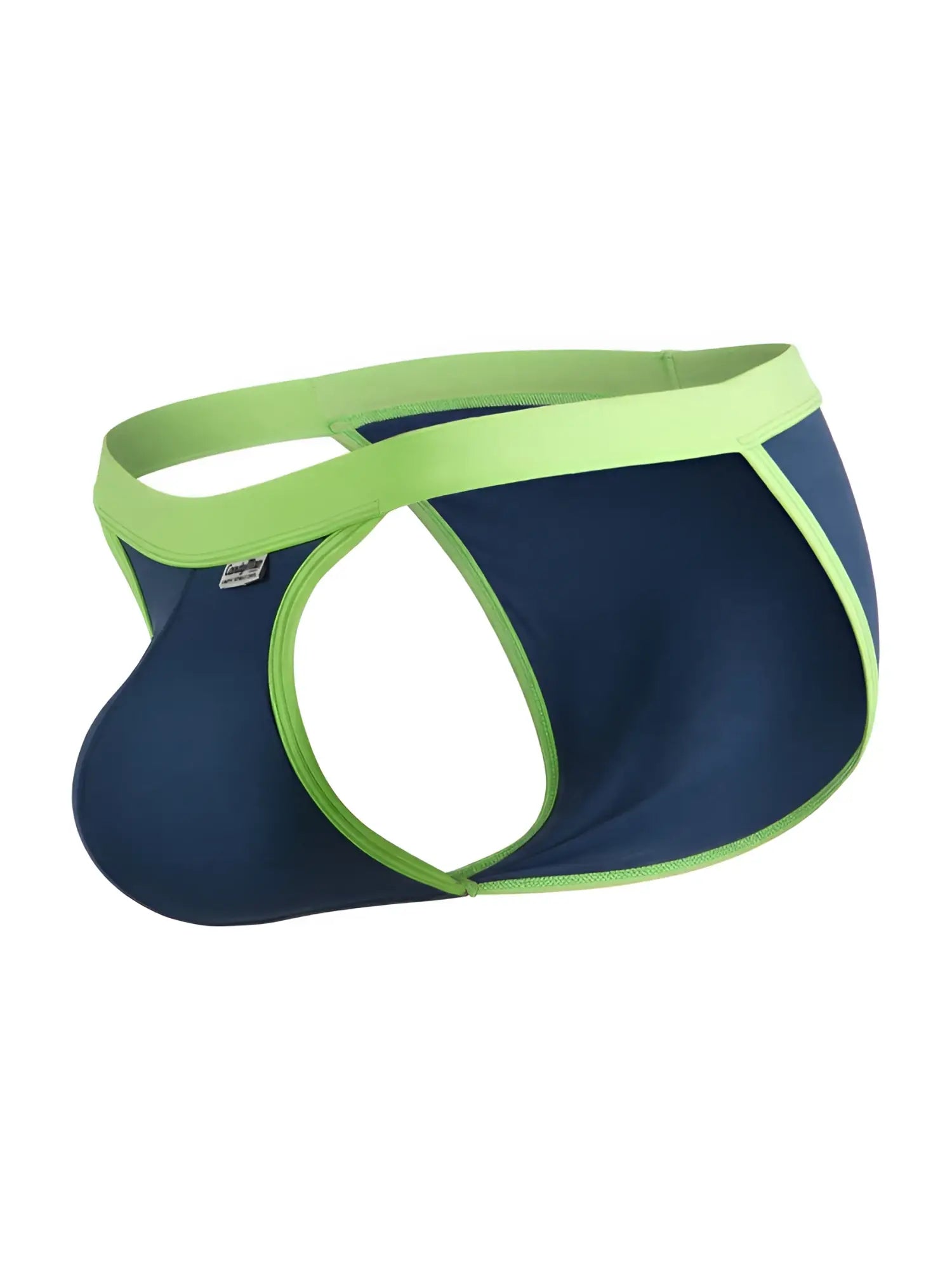 CandyMan navy bikini with lime green trim, featuring an open-side, athletic cut-out design on a white background.