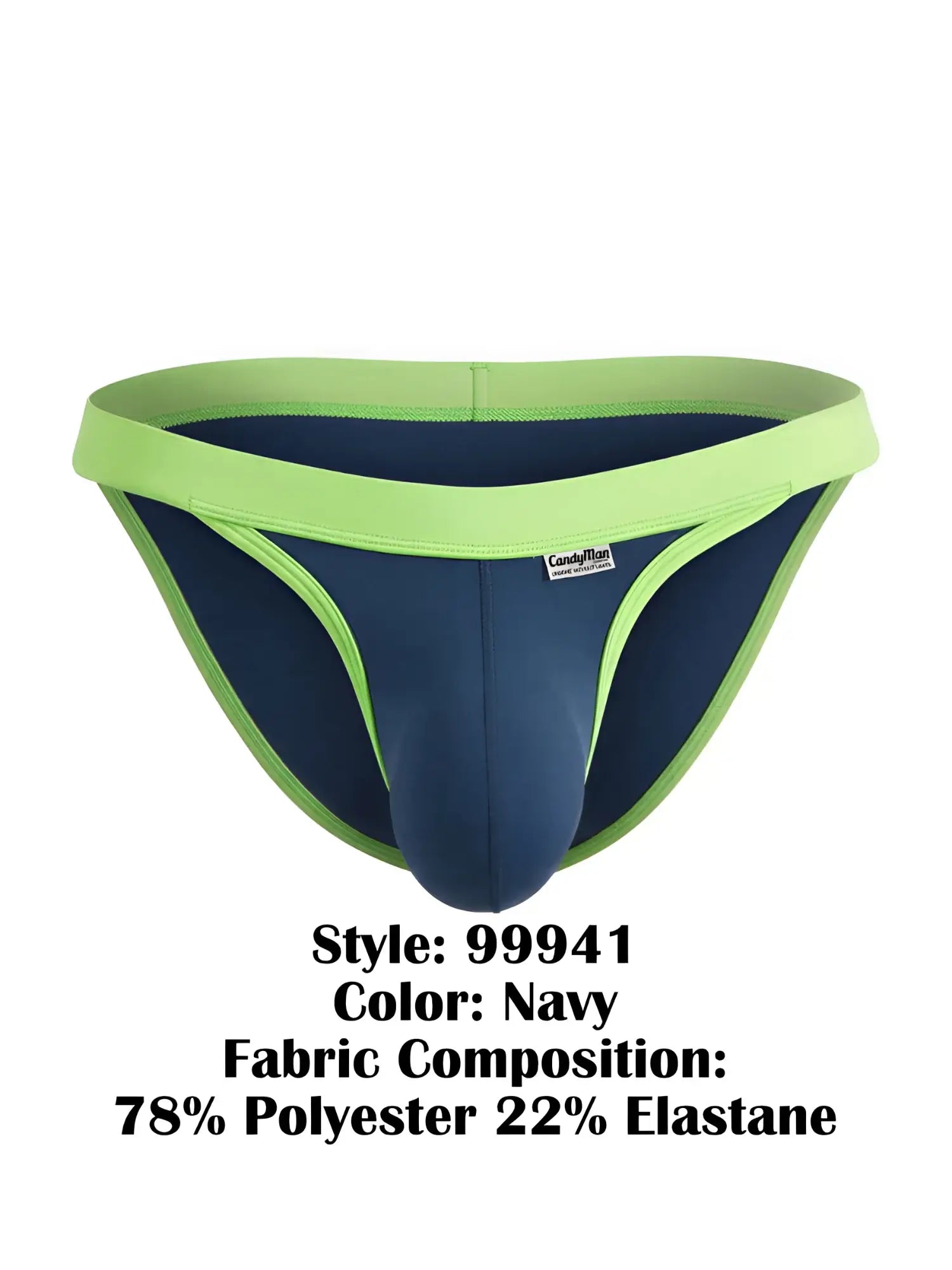 CandyMan navy bikini with lime green trim, featuring a form-fitting pouch and a wide, comfortable waistband.