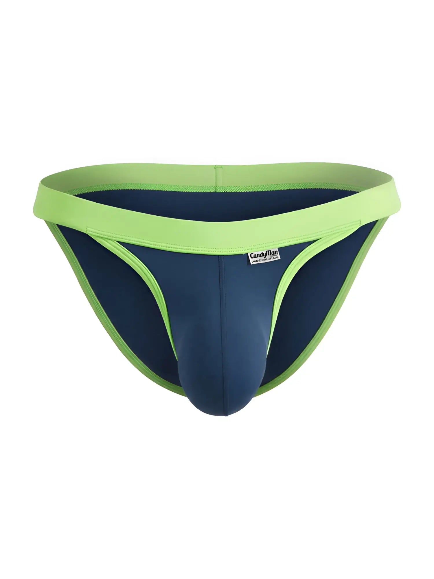 CandyMan navy bikini briefs with lime green trim and elastic waistband on a plain white background.