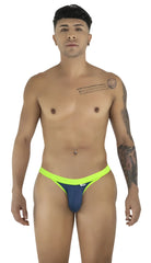 CandyMan navy bikini with neon green trim, featuring a form-fitting, low-rise style on a man standing front-facing.