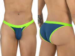 CandyMan navy bikini with lime green trim, shown from front and back views on a fit model.