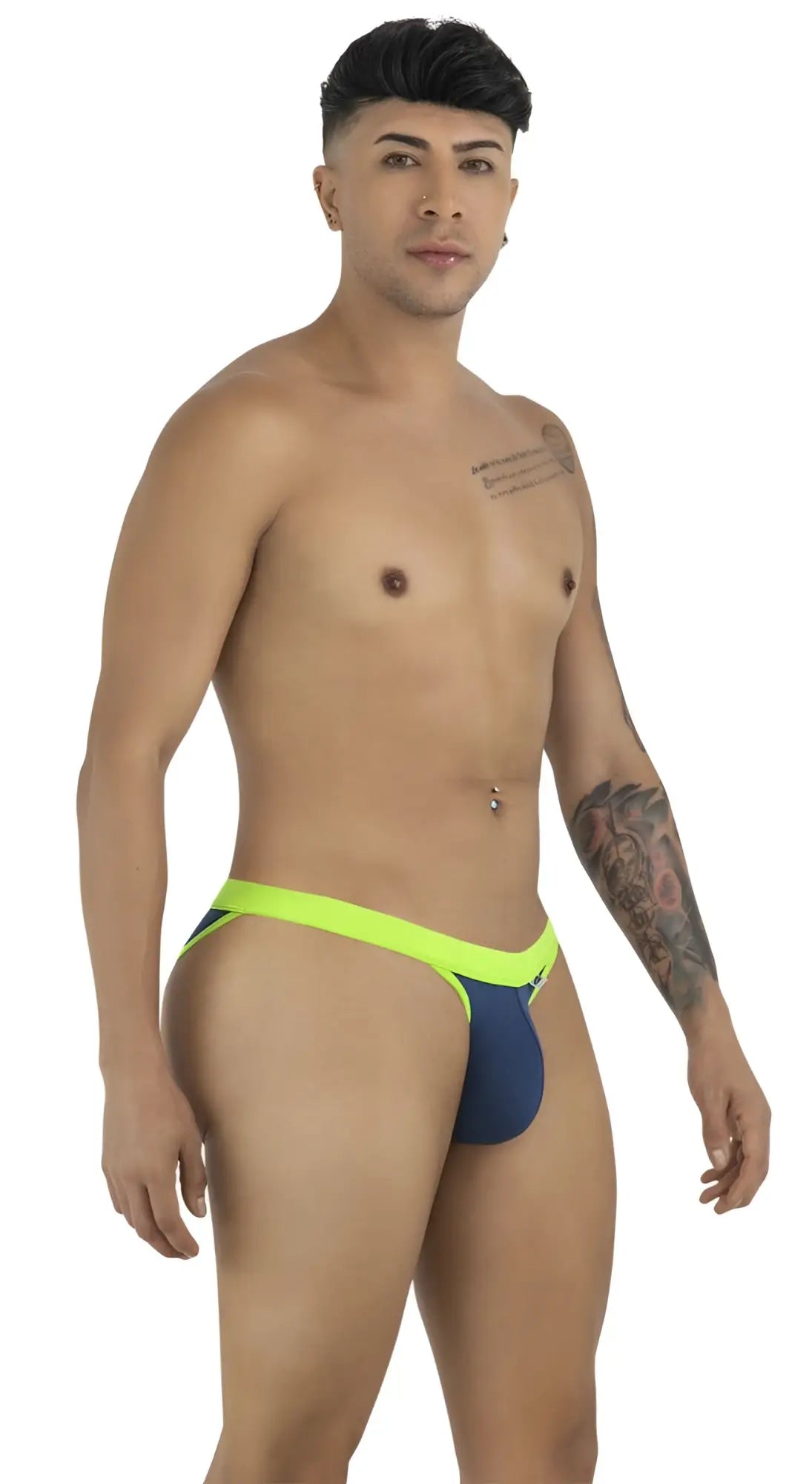 CandyMan navy bikini with neon green waistband, low-rise fit, worn by a model posing against a white background.