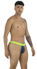 CandyMan navy bikini with neon green waistband, low-rise fit, worn by a model posing against a white background.