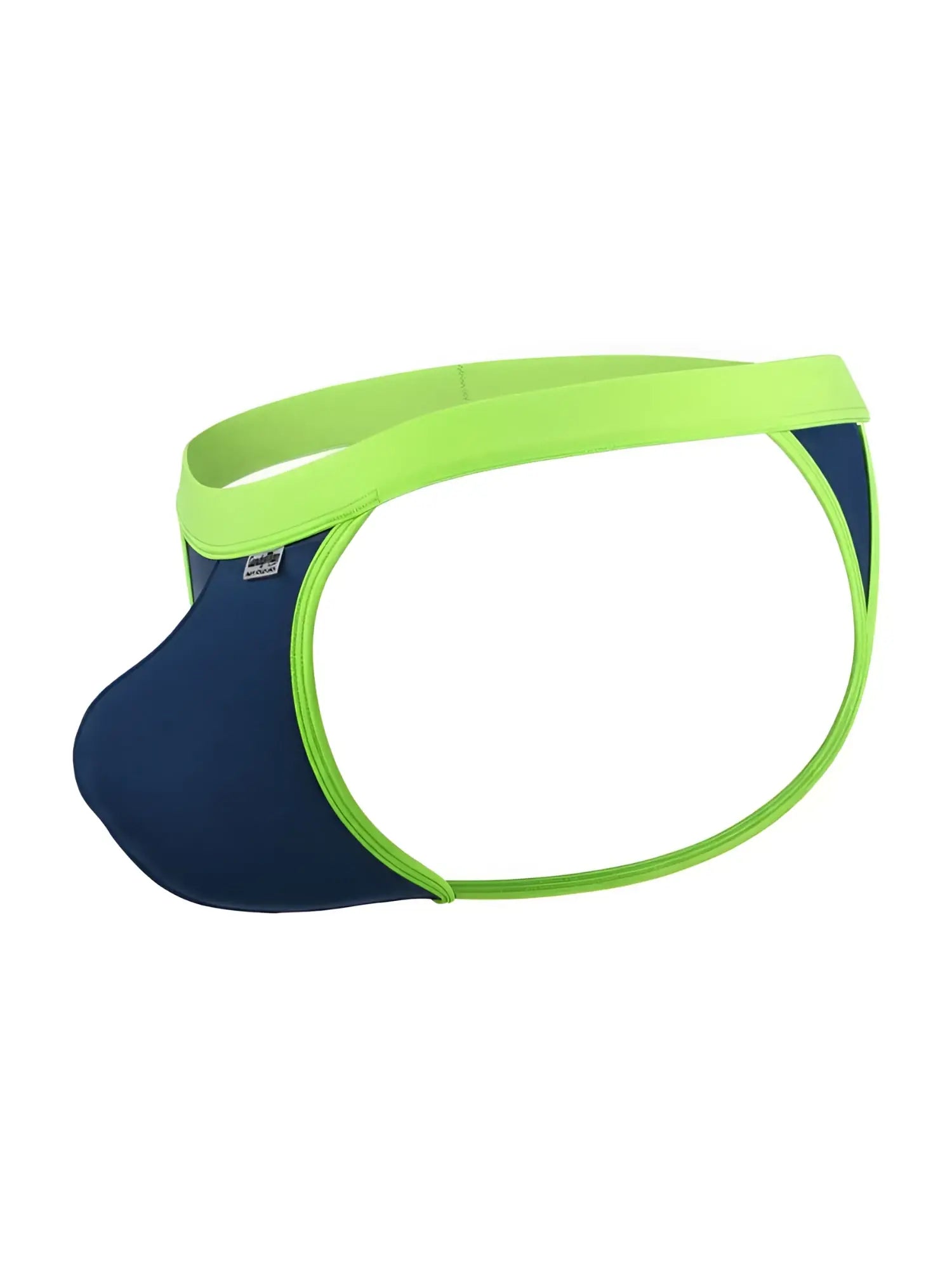 CandyMan navy thongs with lime green trim, featuring a contoured front pouch and minimal open-back design.