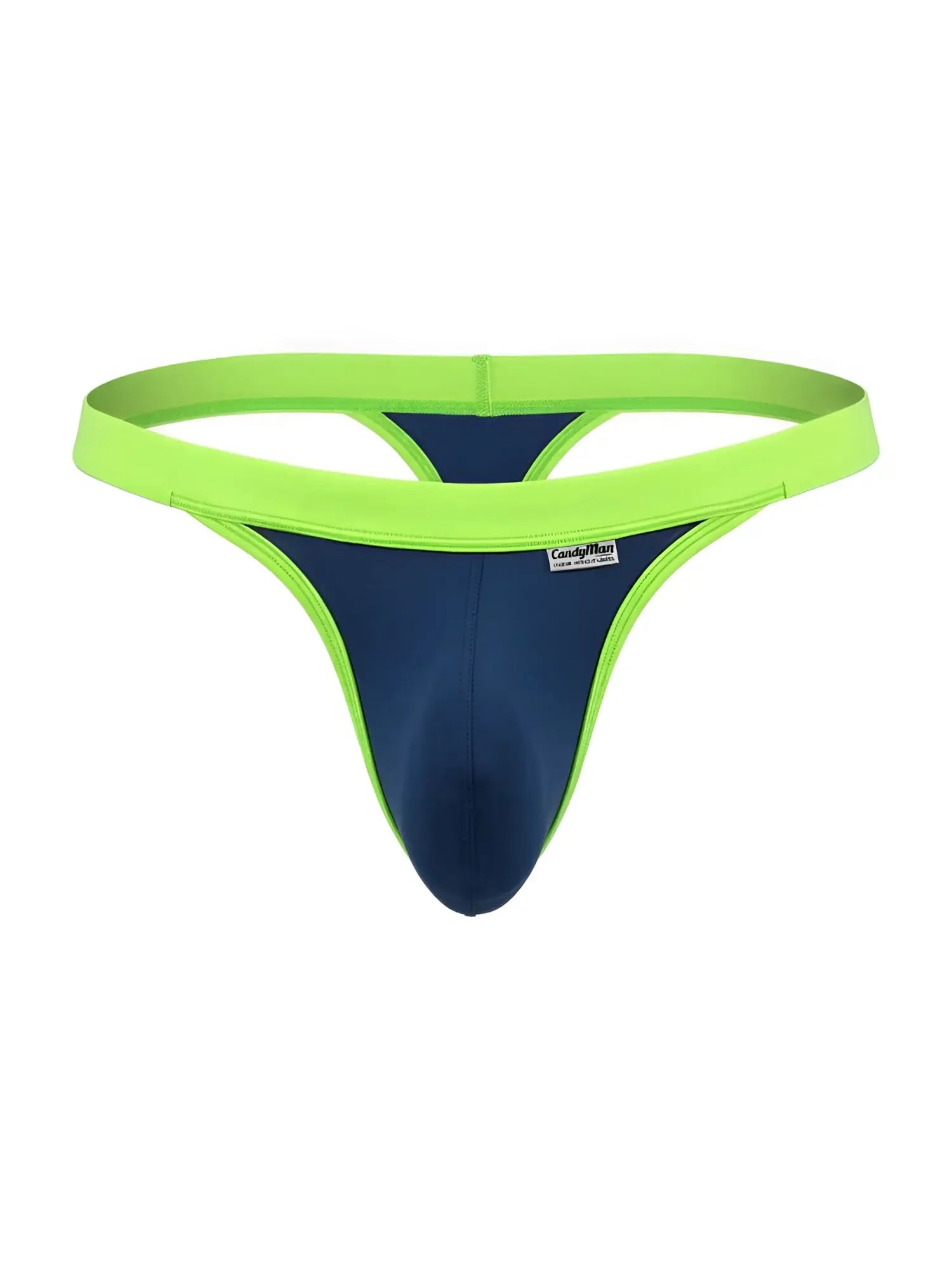 CandyMan navy thongs with lime green trim and a contoured pouch on a white background.