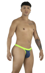 CandyMan navy thongs with lime green trim worn by a model in a side-profile pose, showing a form-fitting design.