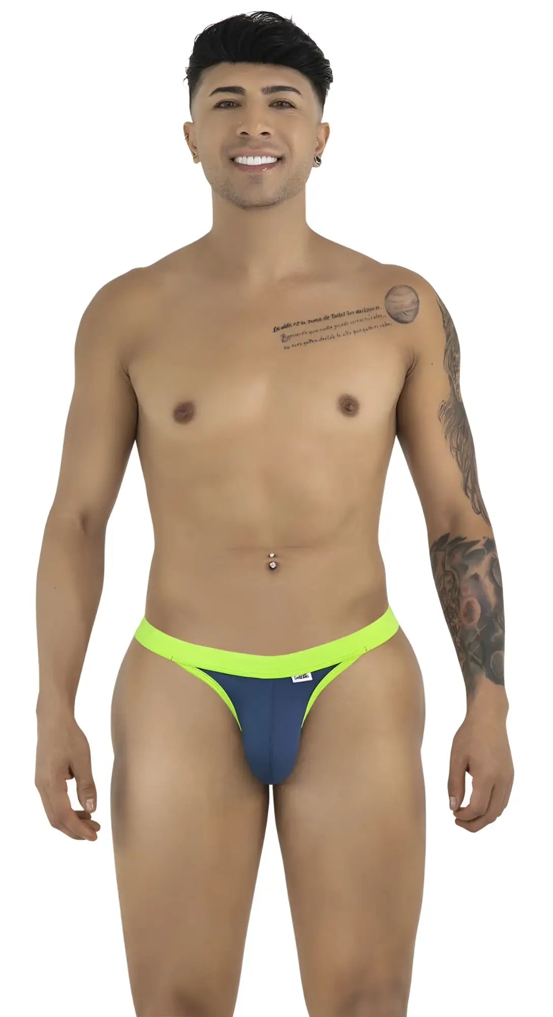 CandyMan navy thongs with lime green waistband on a smiling model against a white background.
