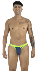 CandyMan navy thongs with lime green waistband on a smiling model against a white background.